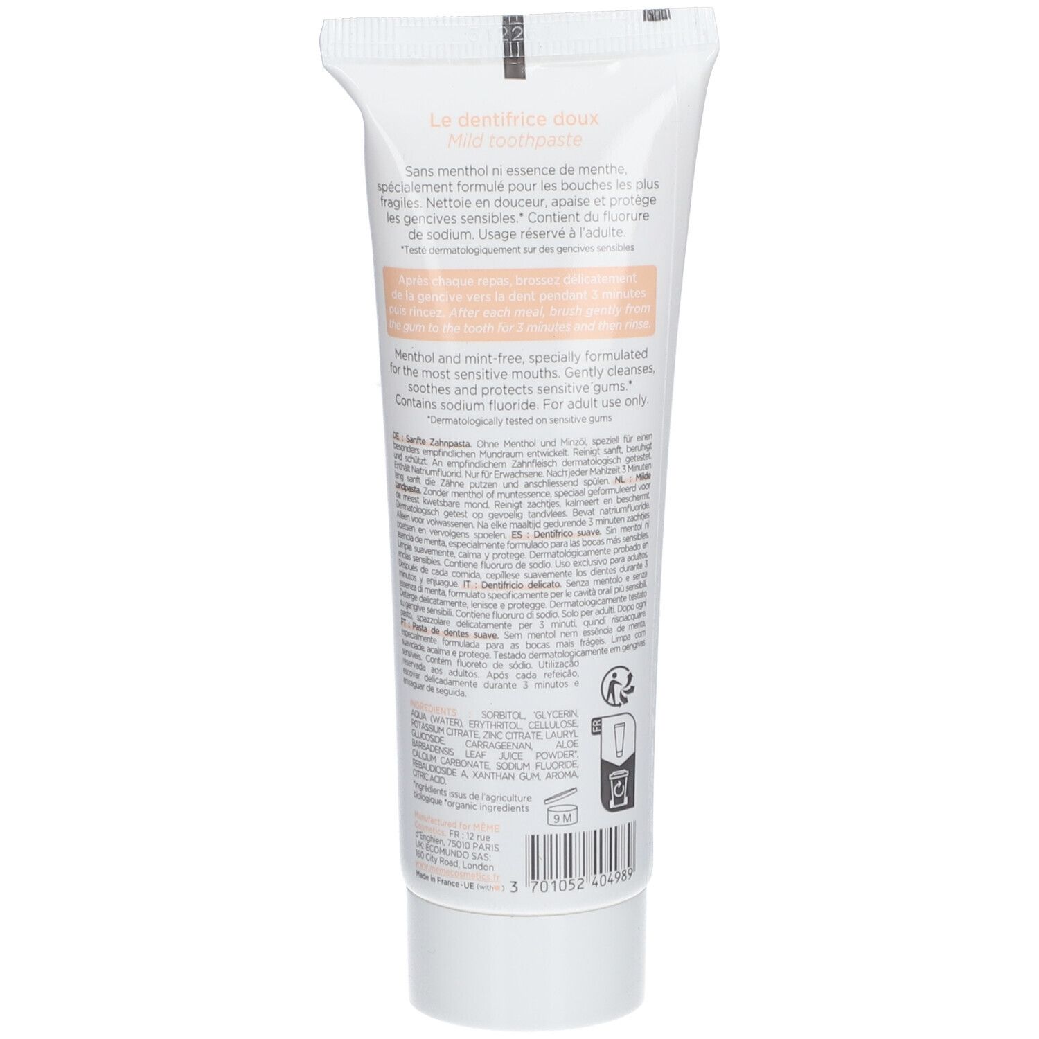 Rückseite der Zahncreme-Tube. Text in mehreren Sprachen. Enthält Informationen zu Inhaltsstoffen und Anwendung.
