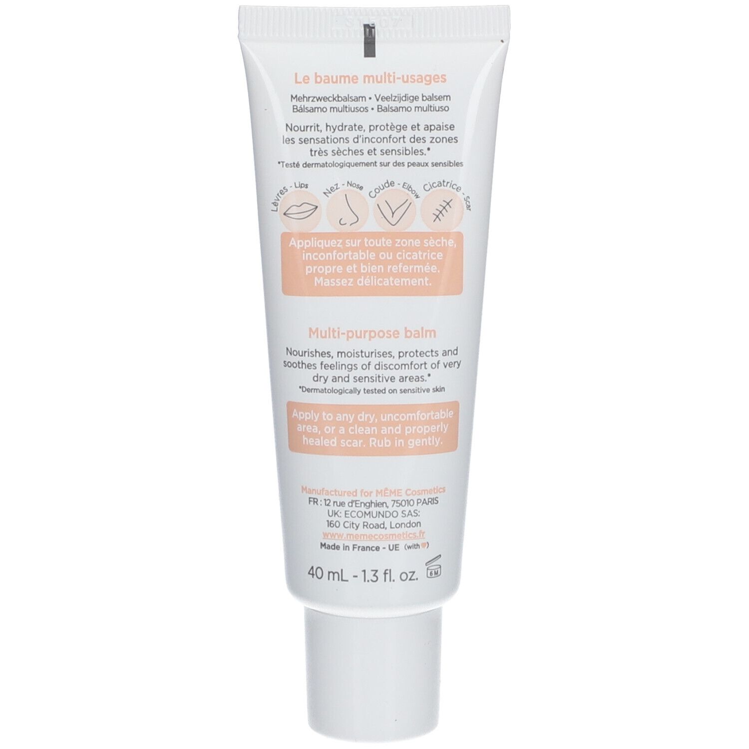 Rückseite der Creme-Tube. Text: Multi-purpose balm. 40 ml - 1.3 fl. oz. Hergestellt in Frankreich.