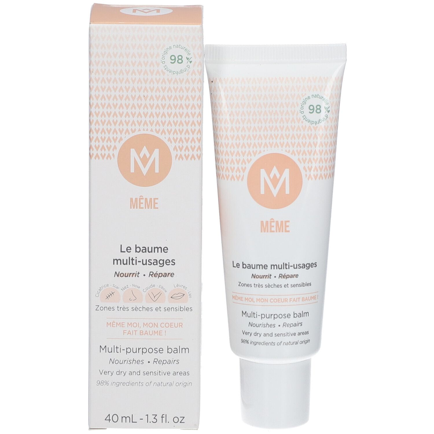 Produkt-Tube und Schachtel. Logo und Produktname. 98% Inhaltsstoffe natürlichen Ursprungs. 40 ml - 1.3 fl. oz.