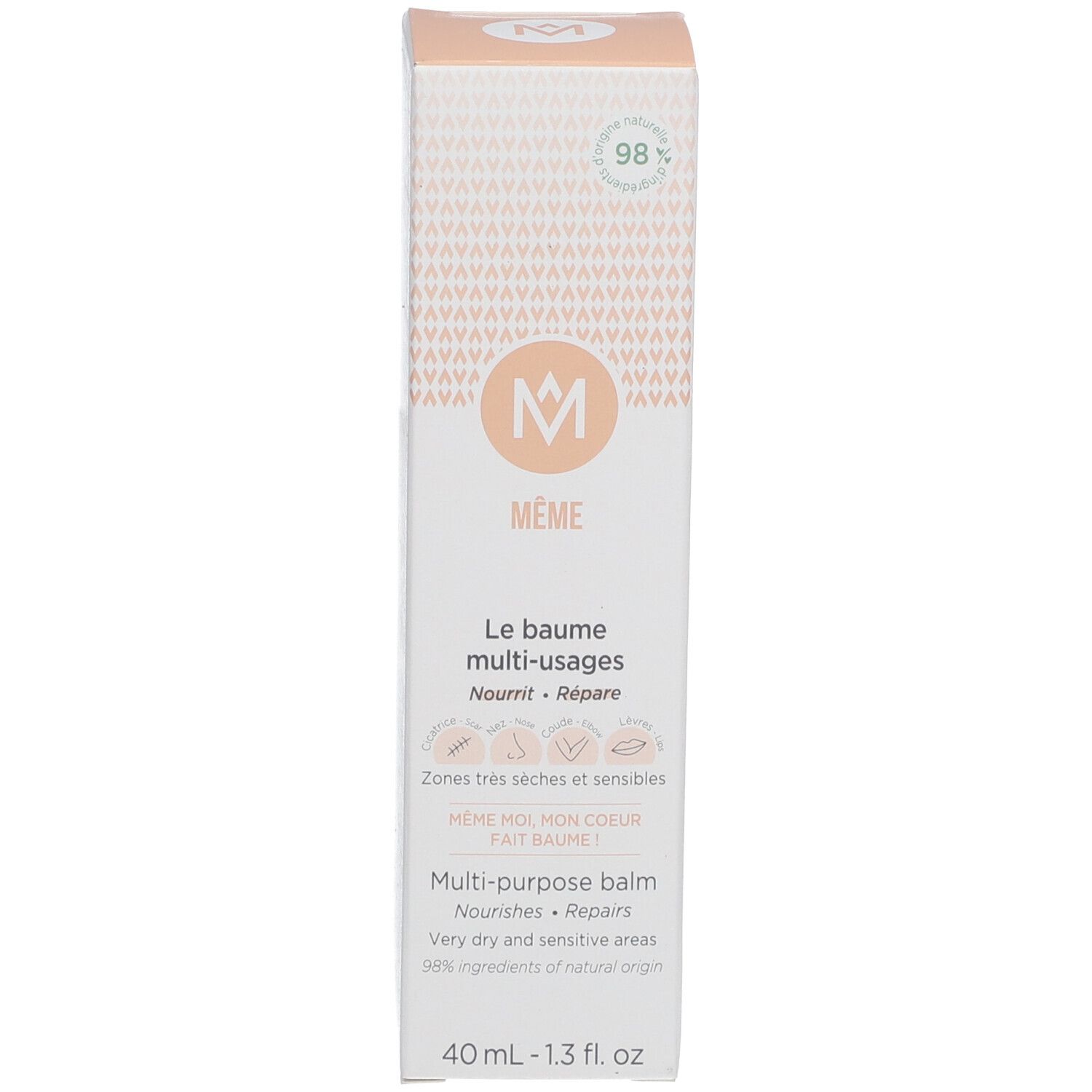 Produkt-Schachtel. Logo und Produktname. 98% Inhaltsstoffe natürlichen Ursprungs. 40 ml - 1.3 fl. oz.