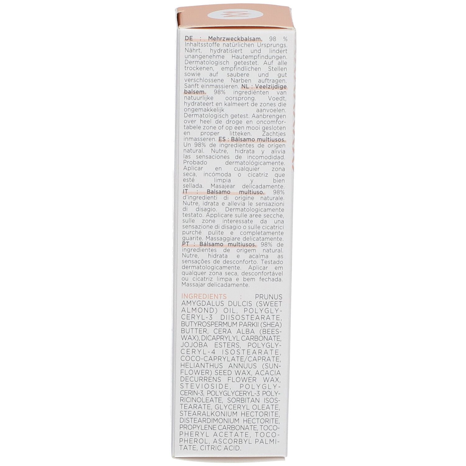 Produkt-Schachtel. Text mit Inhaltsstoffen und Anwendungshinweisen. 98% Inhaltsstoffe natürlichen Ursprungs.