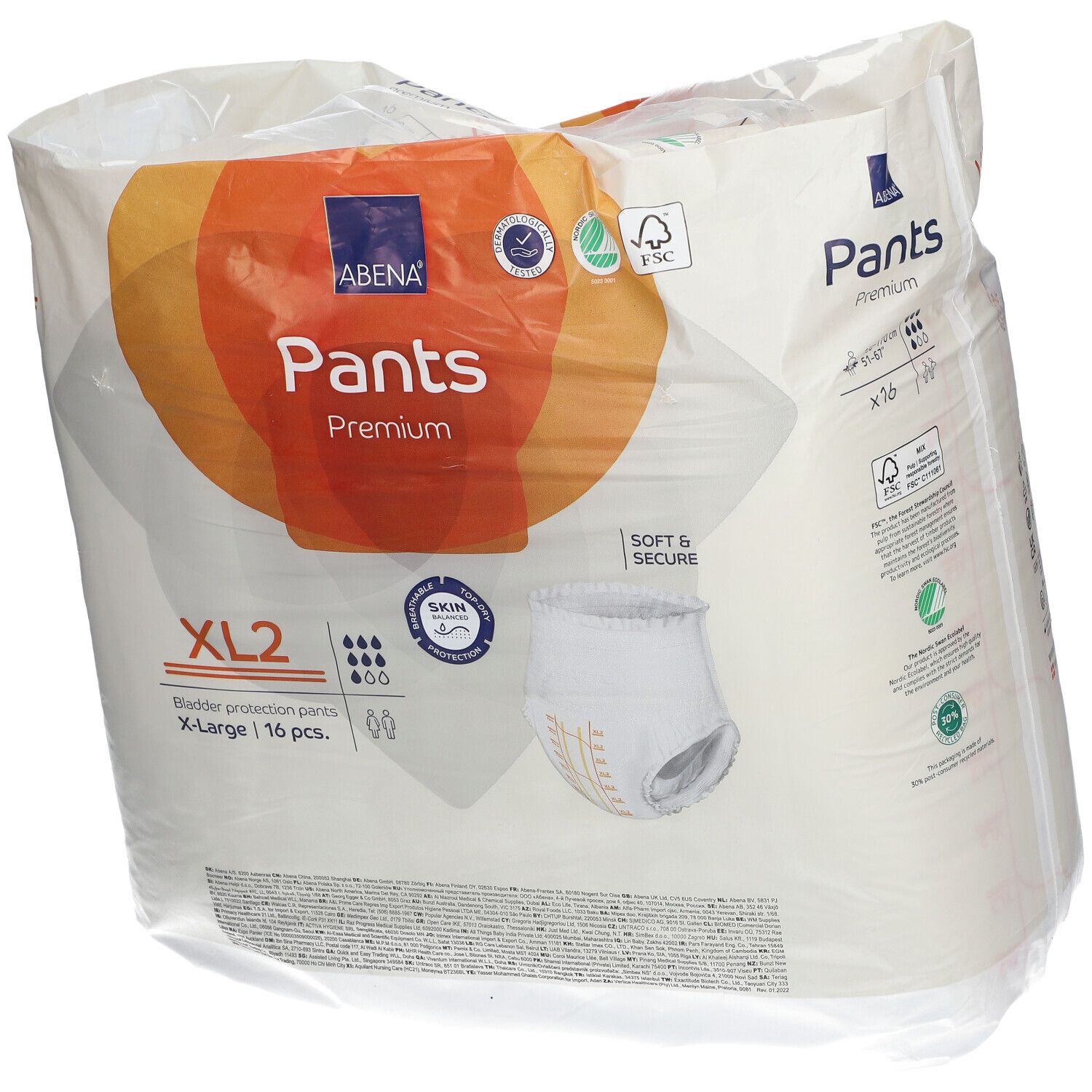 Paquet de ABENA Pants Premium XL2. Culottes d'incontinence blanches, 16 pièces. Certification FSC.