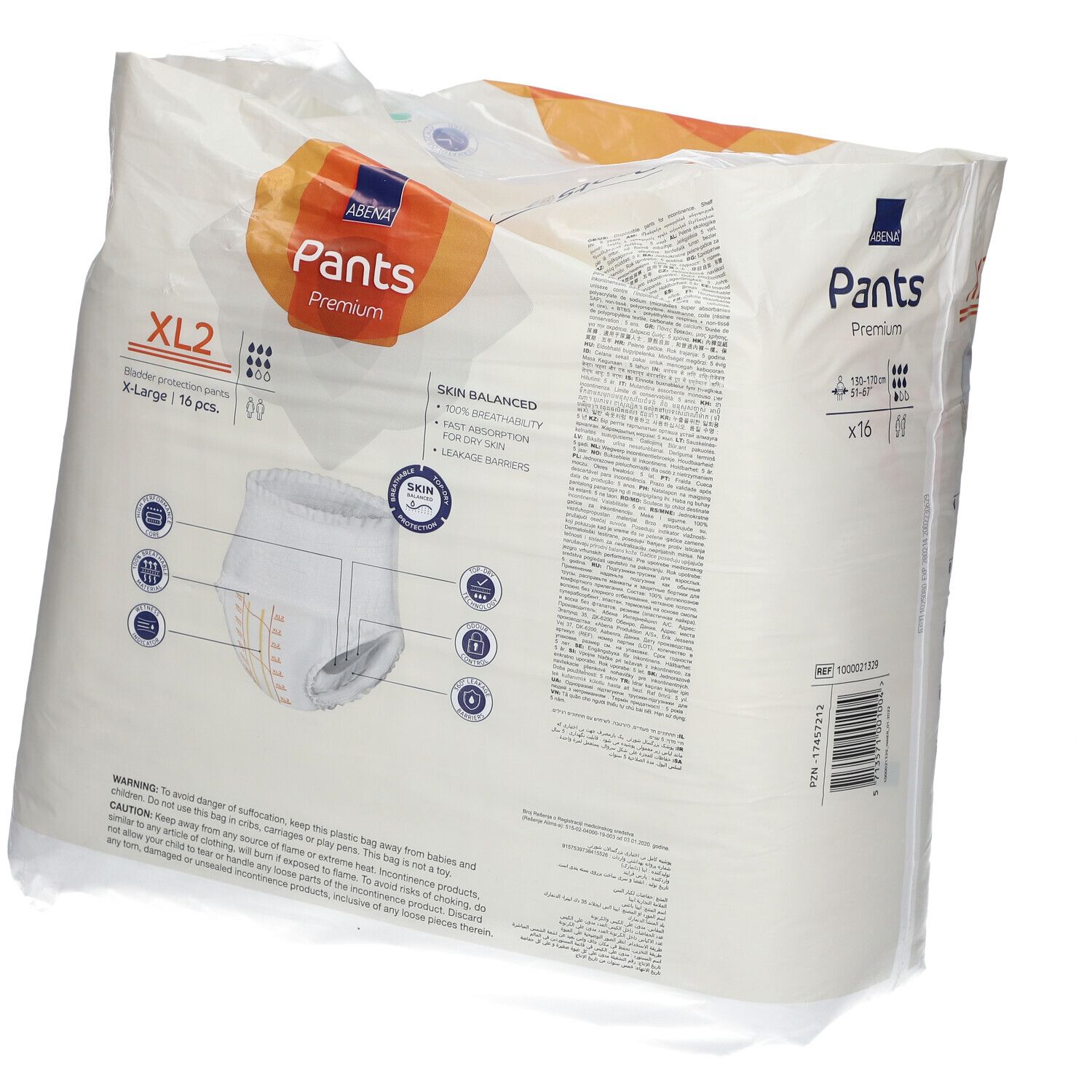 Paquet ABENA Pants Premium XL2. Face avant avec image du produit, taille et certifications.