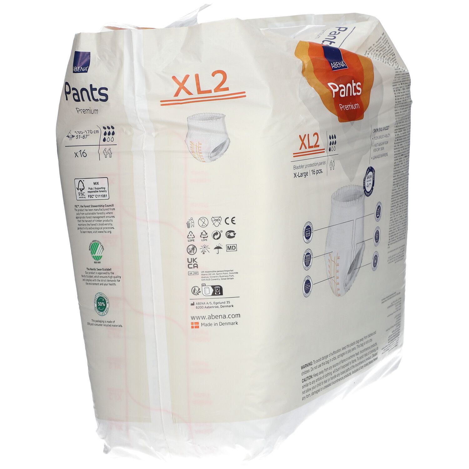 Paquet ABENA Pants Premium XL2. Face avant avec image du produit, taille et certifications.