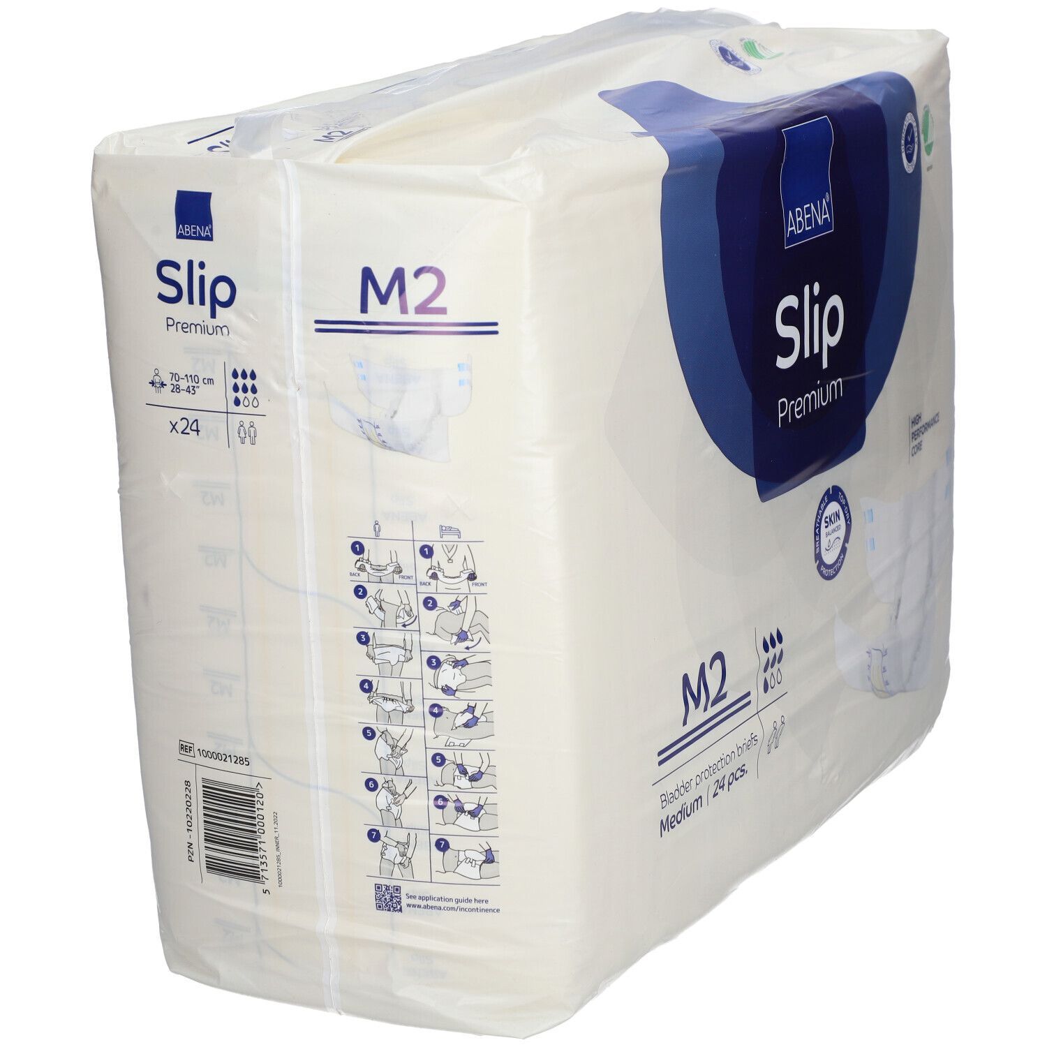 Verpakking ABENA Slip Premium M2. Medium, 24 stuks. Gebruiksaanwijzing afgebeeld.