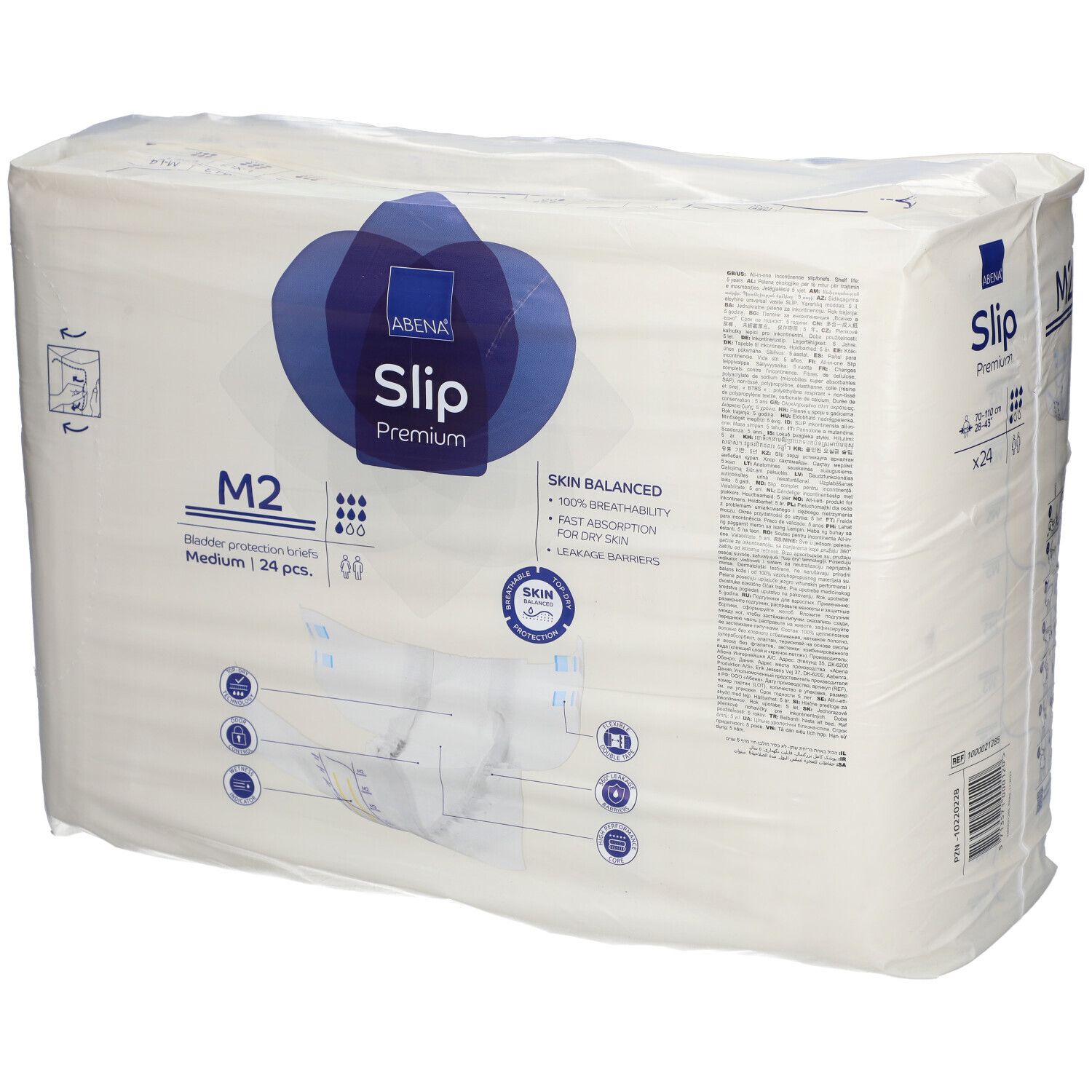 Verpakking ABENA Slip Premium M2. Medium, 24 stuks. Productkenmerken en certificeringen.