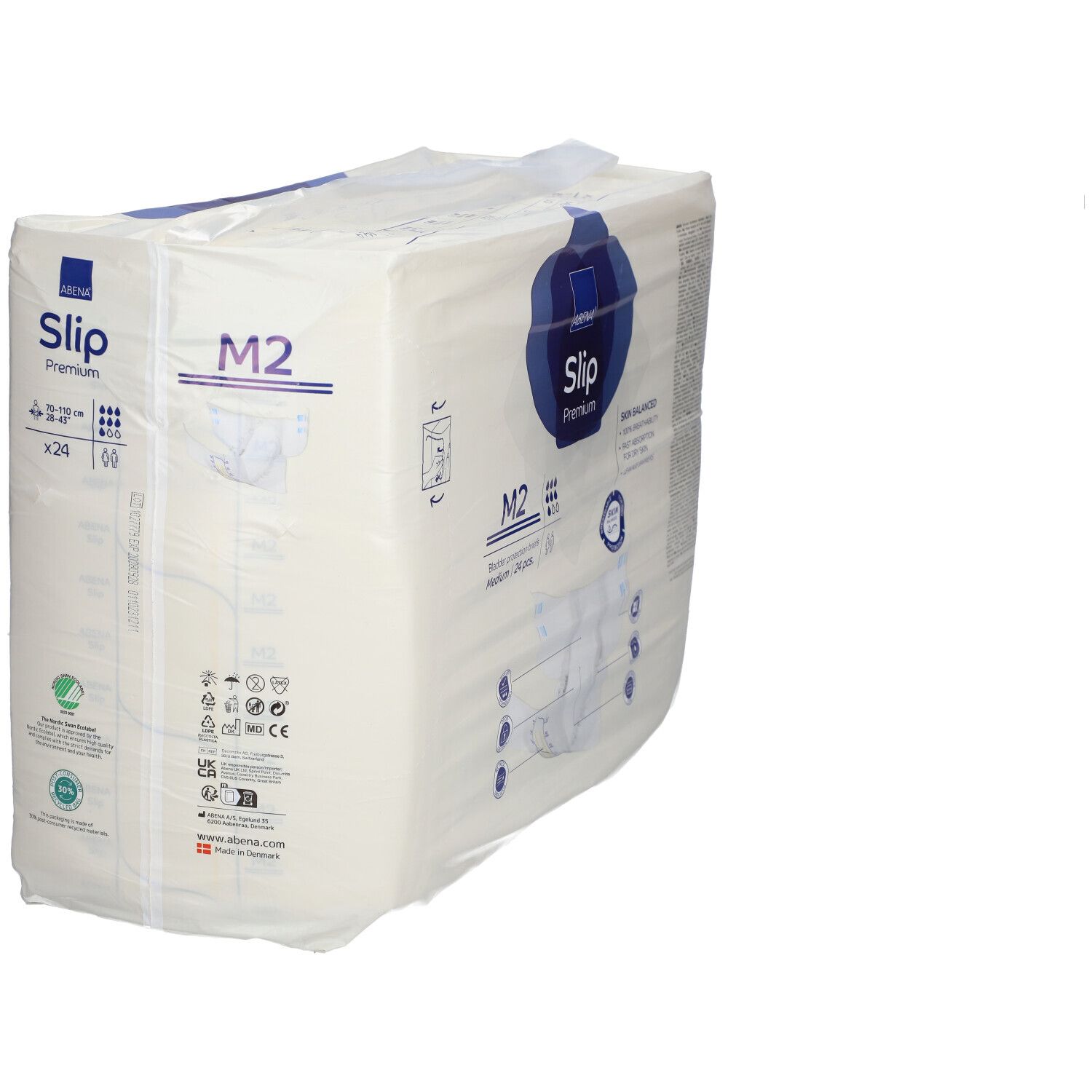 Verpakking ABENA Slip Premium M2. Medium, 24 stuks. Schuine weergave van het product.