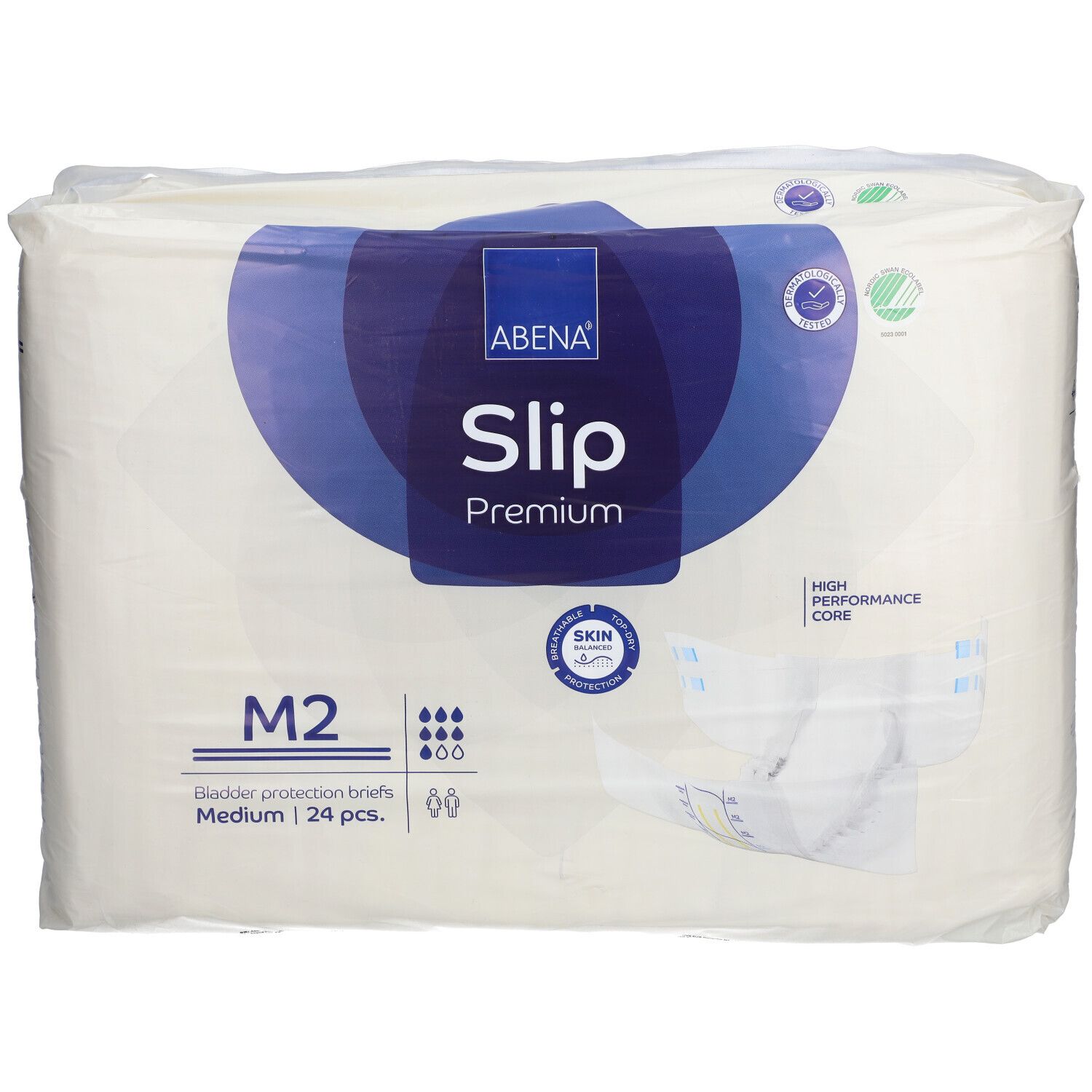 Verpakking ABENA Slip Premium M2. Medium, 24 stuks. Logo, productnaam en kenmerken.
