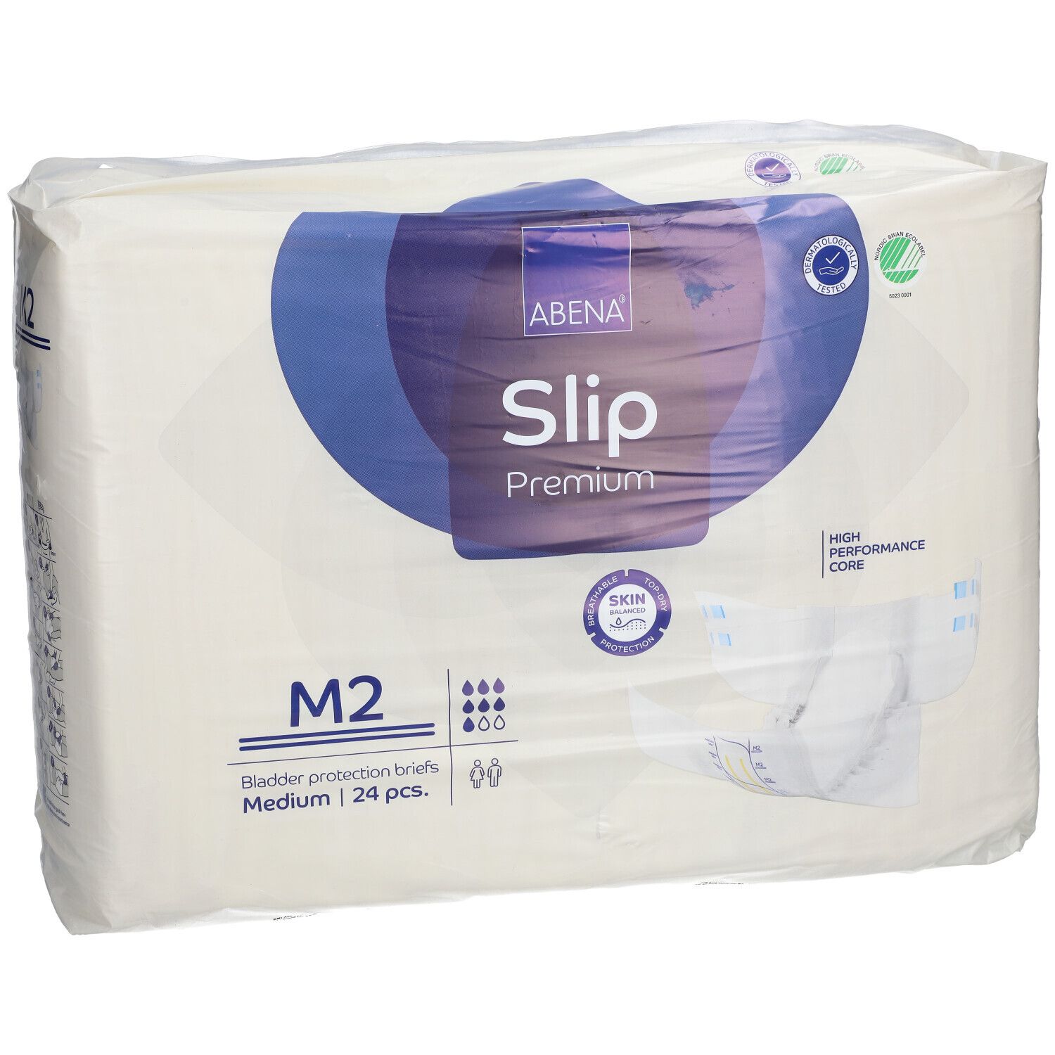 Verpakking ABENA Slip Premium M2. Medium, 24 stuks. Logo, productnaam en kenmerken.