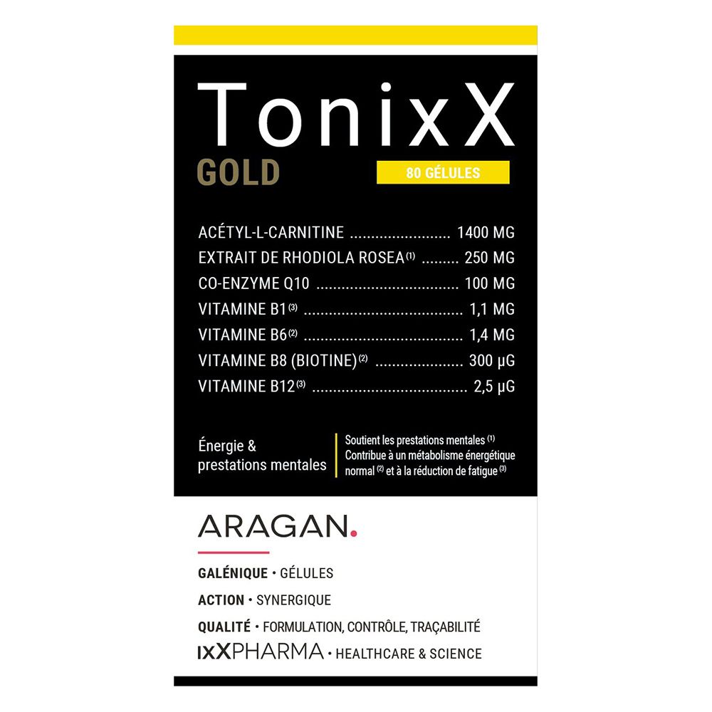 Boîte. Inscription: TonixX Gold. Ingrédients. 60 gélules.