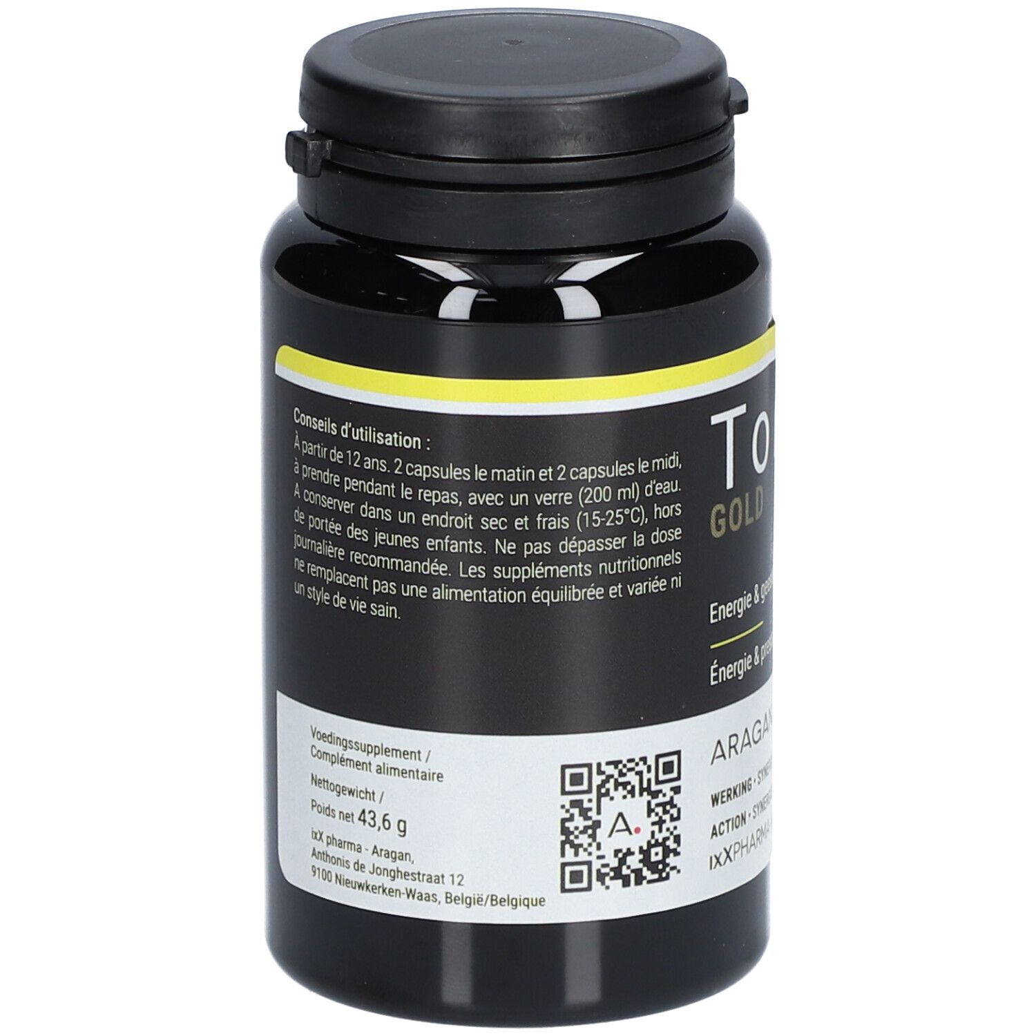 Dos du flacon noir. Étiquette jaune avec texte. Code QR. Poids net: 43,6 g.