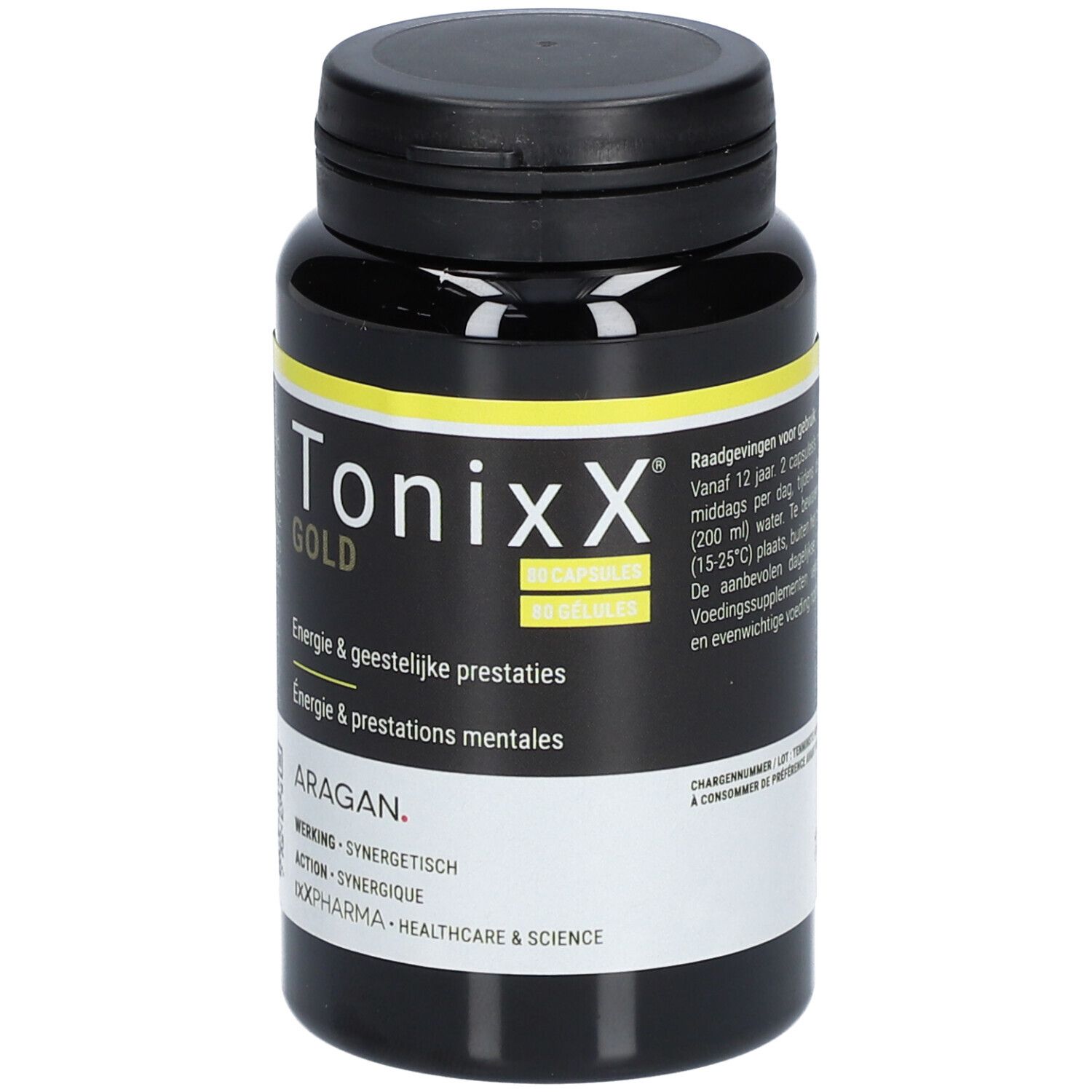 Flacon noir avec étiquette jaune. Inscription: TonixX Gold. Capsules. Texte.