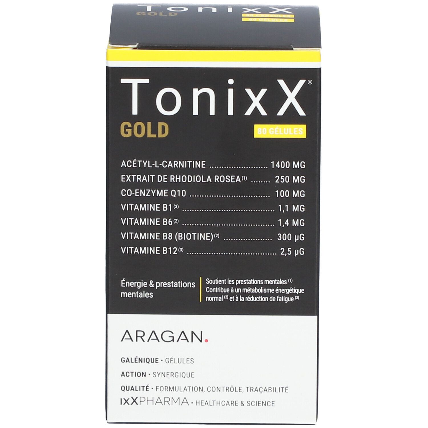 Boîte. Inscription: TonixX Gold. Ingrédients. 60 gélules. Texte.