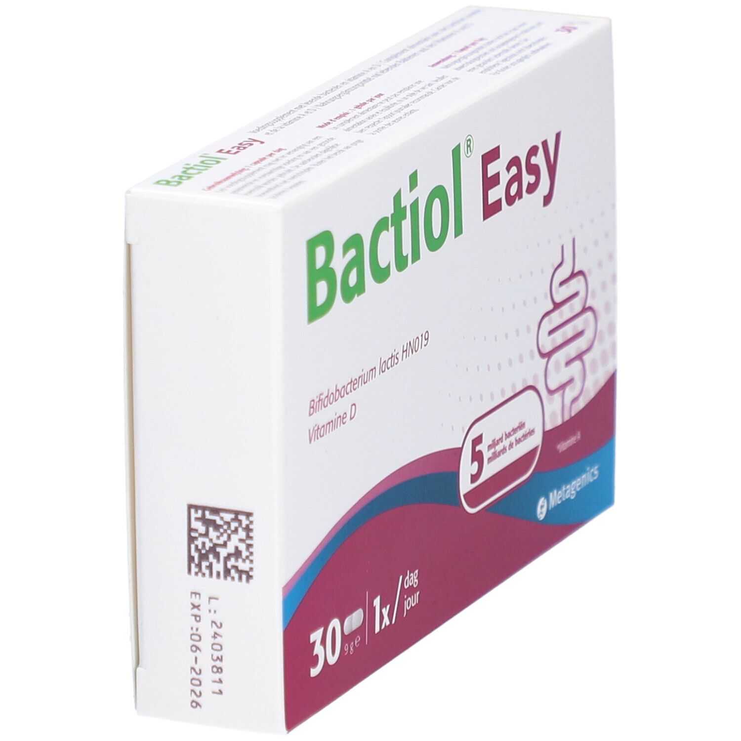 Weiße Schachtel Bactiol Easy. Enthält 30 Tabletten, 1x täglich. Mit QR-Code und Verfallsdatum.