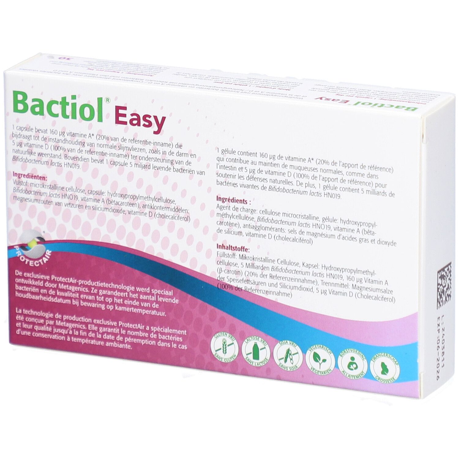 Rückseite der Bactiol Easy-Verpackung. Enthält Inhaltsstoffe und Nährwertangaben. Mit Logos.
