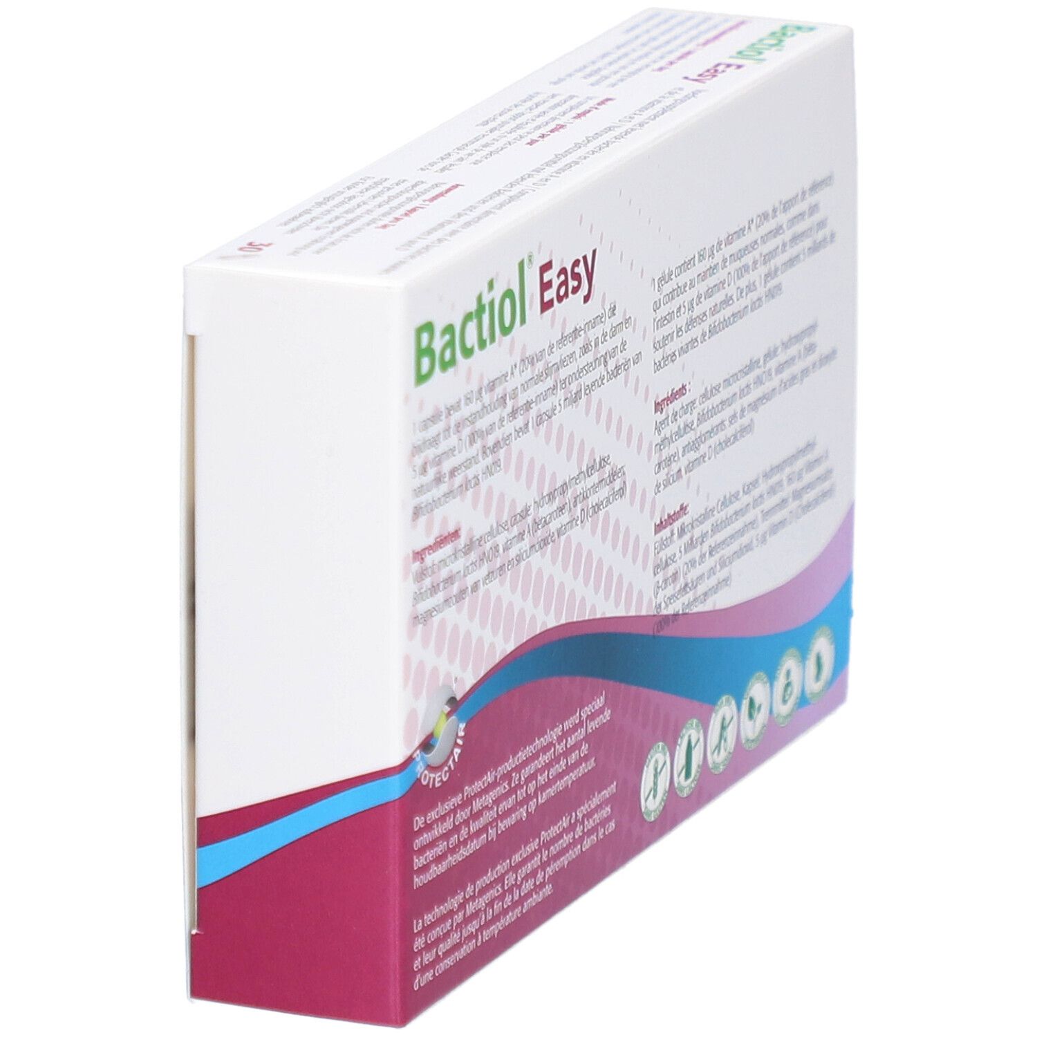 Rückseite der Bactiol Easy-Verpackung. Enthält Inhaltsstoffe und Nährwertangaben. Mit Logos.