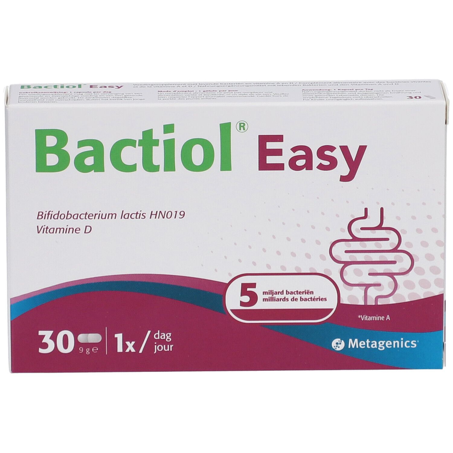 Weiße Schachtel mit Bactiol Easy-Logo. Enthält 30 Tabletten, 1x täglich. Enthält Vitamin D und Bakterien.