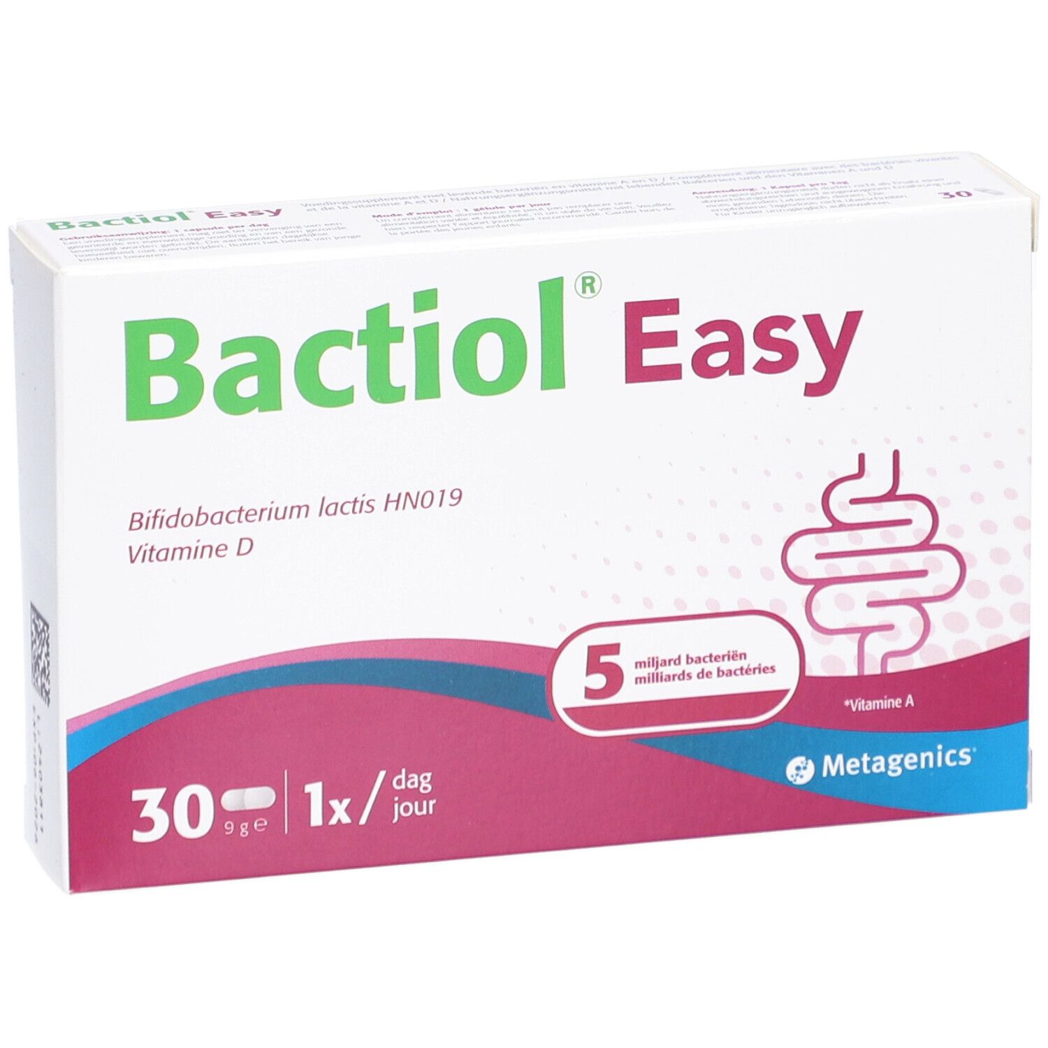 Weiße Schachtel mit Bactiol Easy-Logo. Enthält 30 Tabletten, 1x täglich. Enthält Vitamin D und Bakterien.