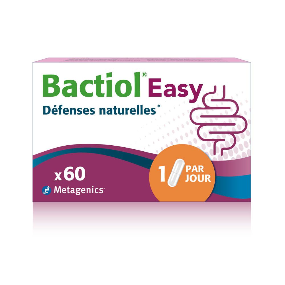Boîte blanche Bactiol Easy. Inscription: Défenses naturelles, 60 gélules, 1/jour. Marque: Metagenics.