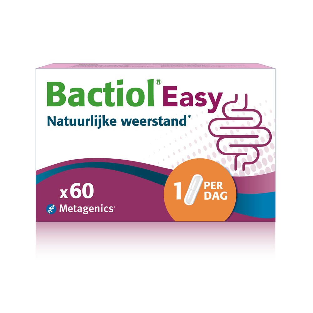Witte doos Bactiol Easy. Opschrift: Natuurlijke weerstand, 60 capsules, 1/dag. Merk: Metagenics.