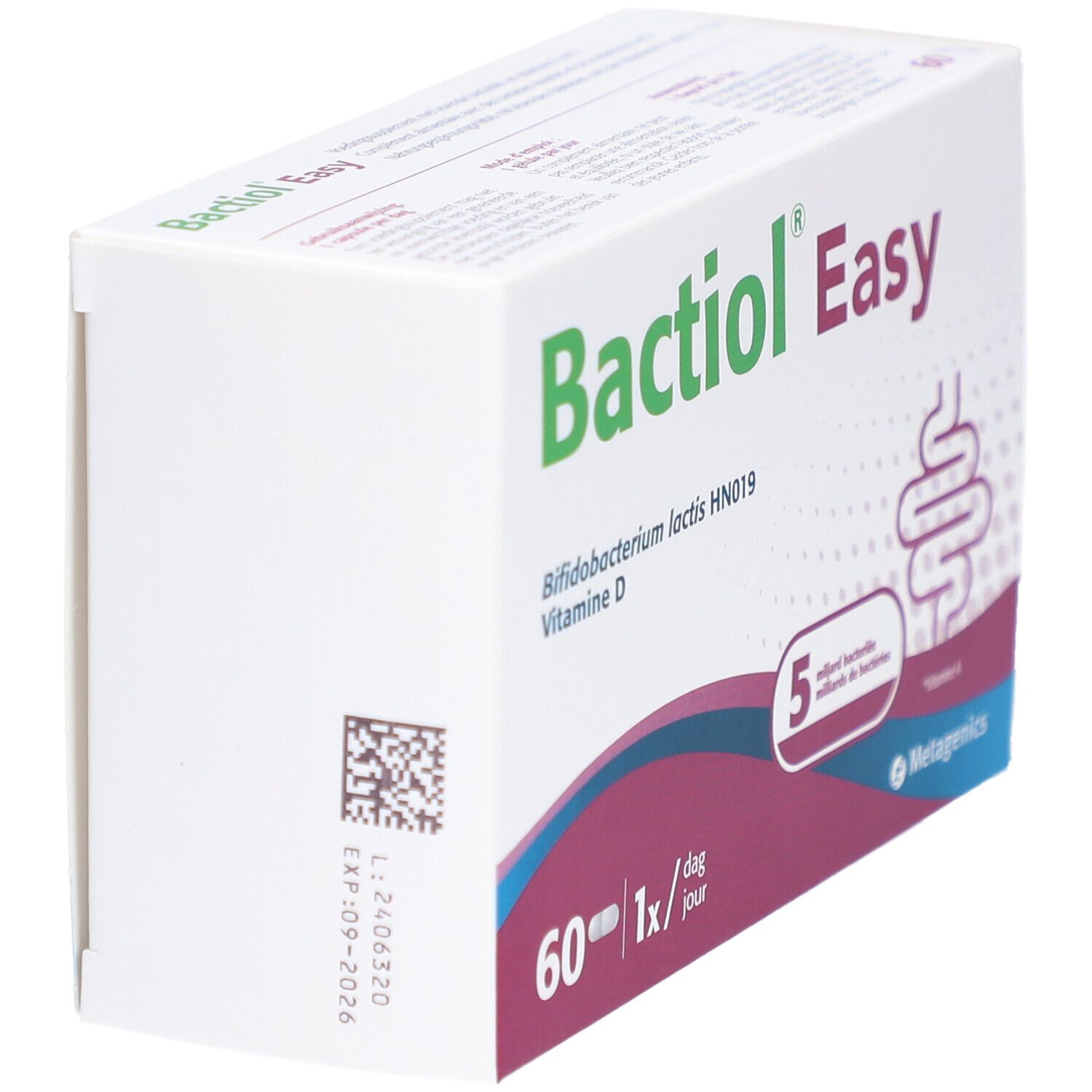 Witte doos Bactiol Easy. Opschrift: 60 capsules, 1x/dag. QR-code en houdbaarheidsdatum. Merk: Metagenics.