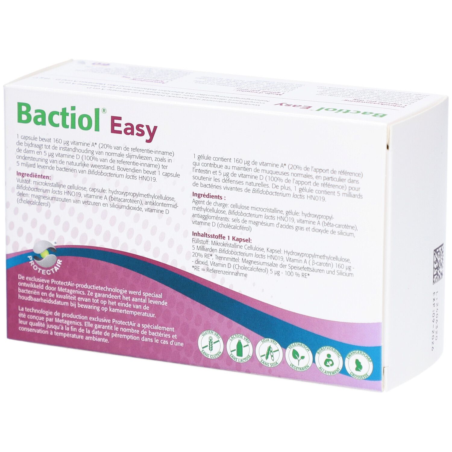 Achterkant van de Bactiol Easy verpakking. Tekst in het Nederlands en Frans. Ingrediënten en voedingswaarde.