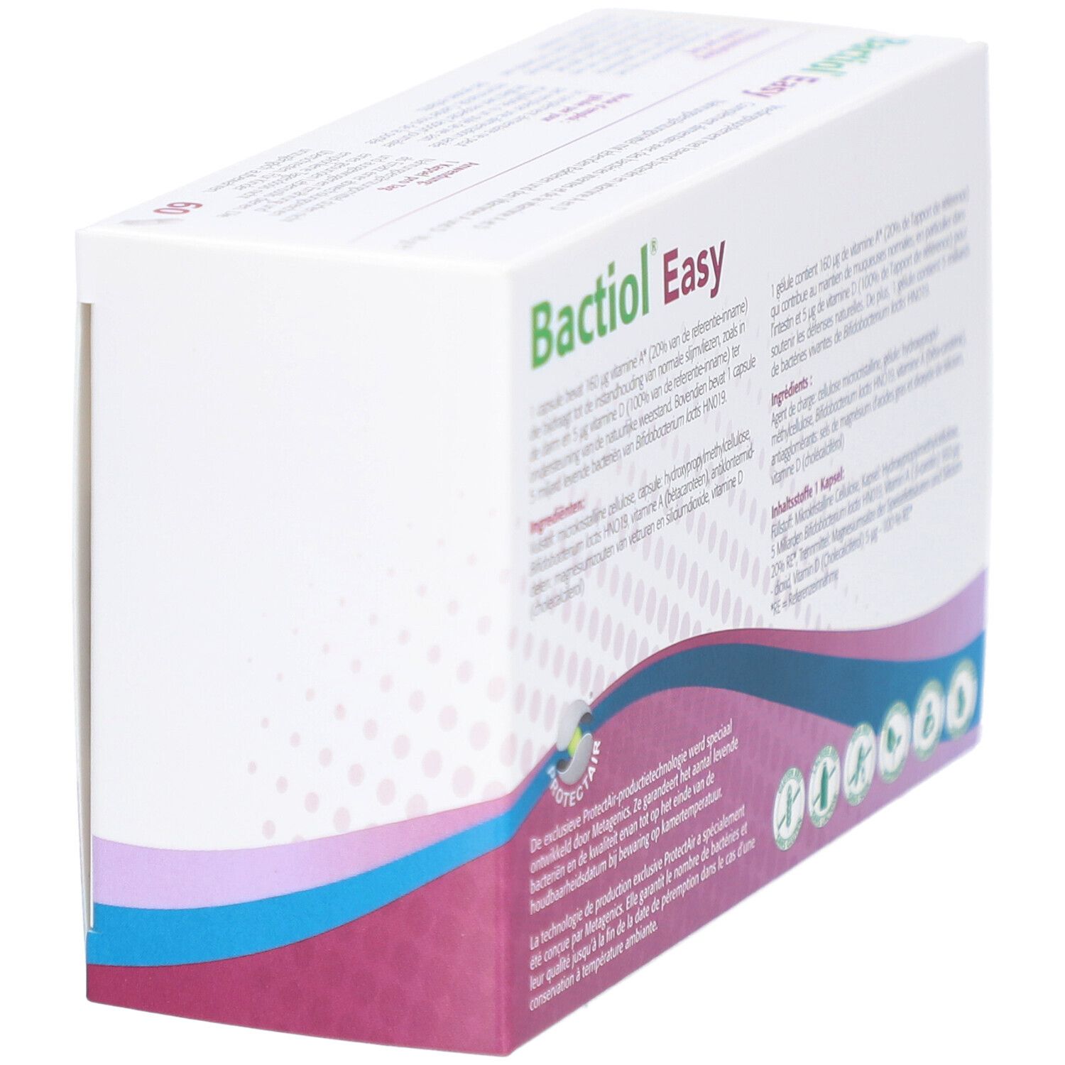 Achterkant van de Bactiol Easy verpakking. Tekst in het Nederlands en Frans. Ingrediënten en voedingswaarde.