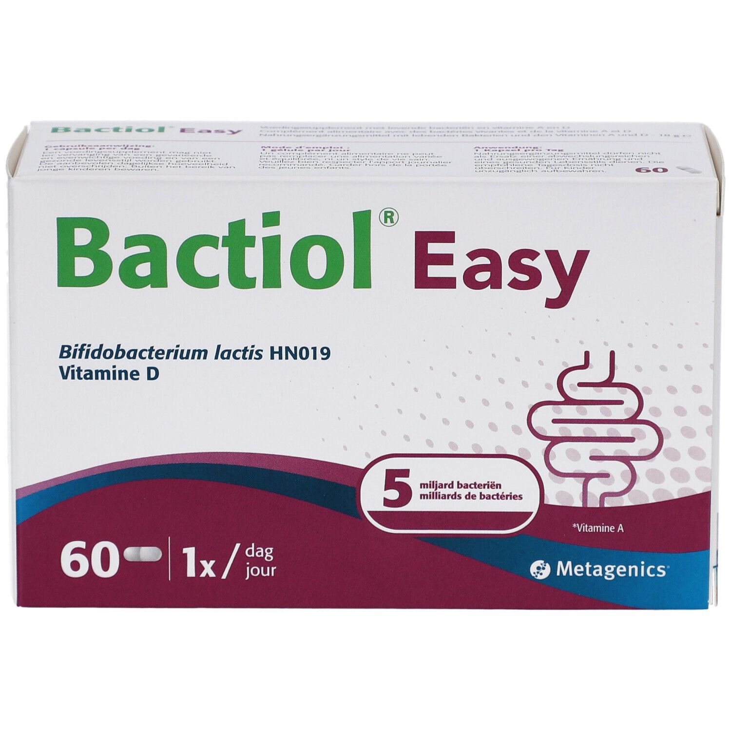Witte doos Bactiol Easy. Opschrift: 60 capsules, 1x/dag, 5 miljard bacteriën, vitamine D. Merk: Metagenics.