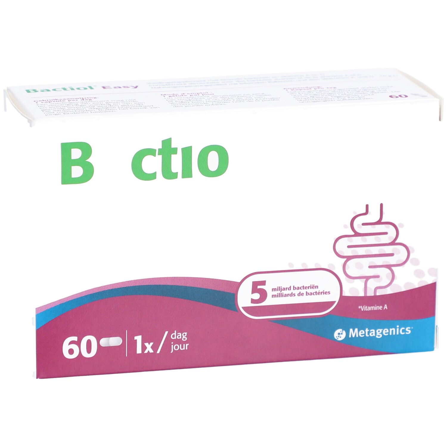 Witte doos Bactiol Easy. Opschrift: 60 capsules, 1x/dag, 5 miljard bacteriën, vitamine A. Merk: Metagenics.