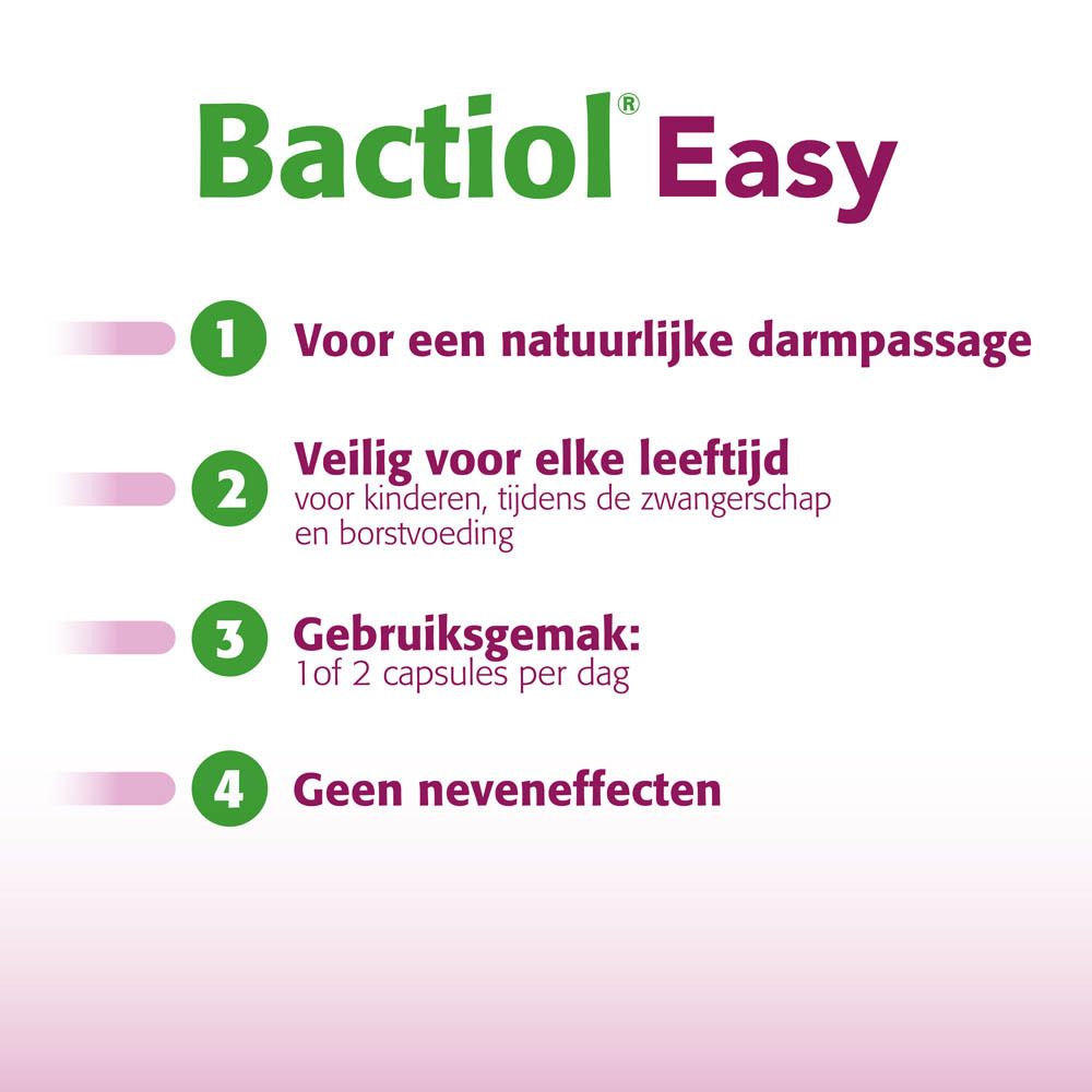 Tekst met 4 punten: 1. Voor een natuurlijke darmpassage. 2. Veilig voor elke leeftijd. 3. Gebruiksgemak. 4. Geen neveneffecten.