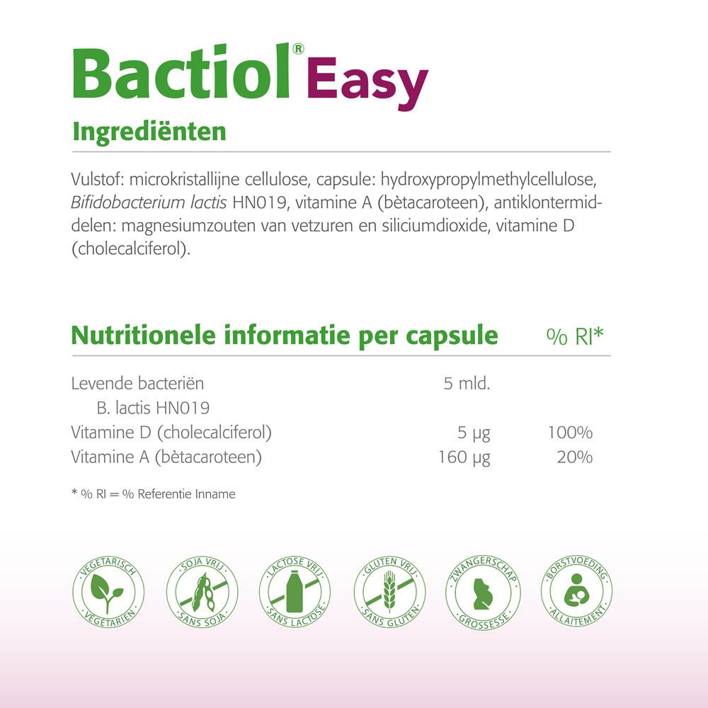 Tekst met ingrediënten en voedingswaarde per capsule. Verschillende logo's.