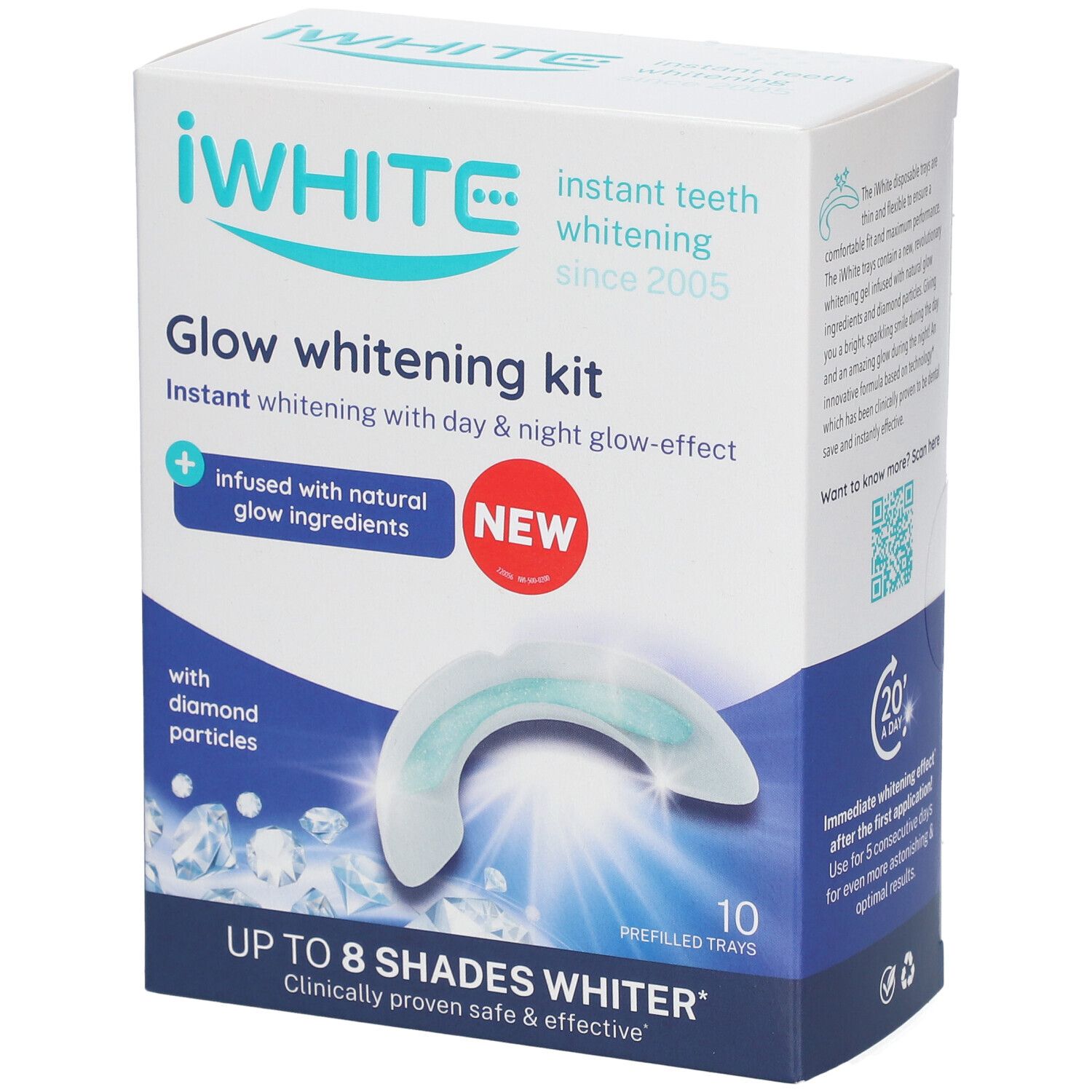 Kit de blanchiment iWhite Glow. Boîte avec gouttières. Contient 10 gouttières préremplies. Avec particules de diamant et ingrédients naturels.