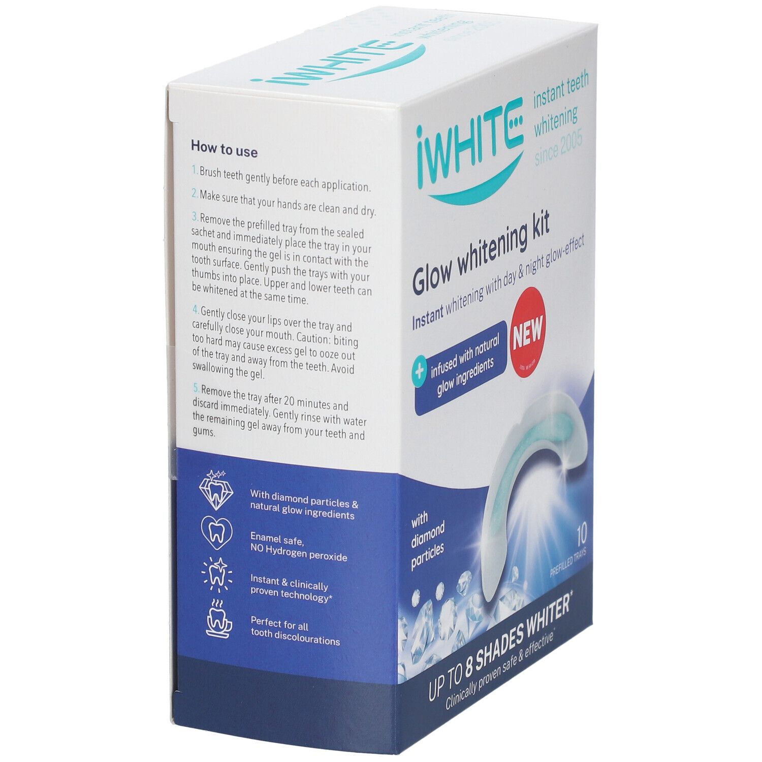 Kit de blanchiment iWhite Glow. Boîte avec informations. Contient 10 gouttières préremplies. Avec particules de diamant et ingrédients naturels.