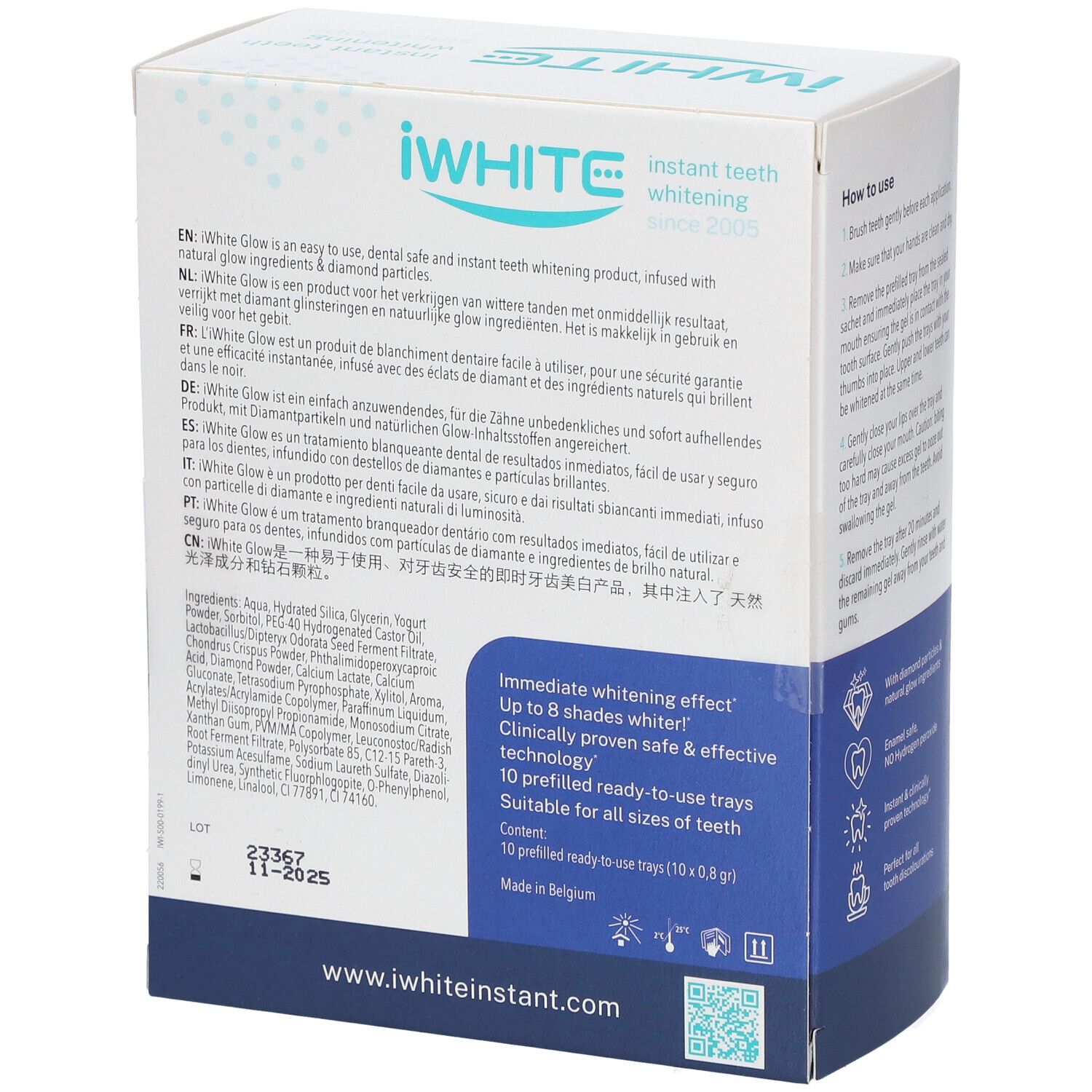 Kit de blanchiment iWhite Glow. Arrière de la boîte avec informations. Contient 10 gouttières préremplies. Avec ingrédients.