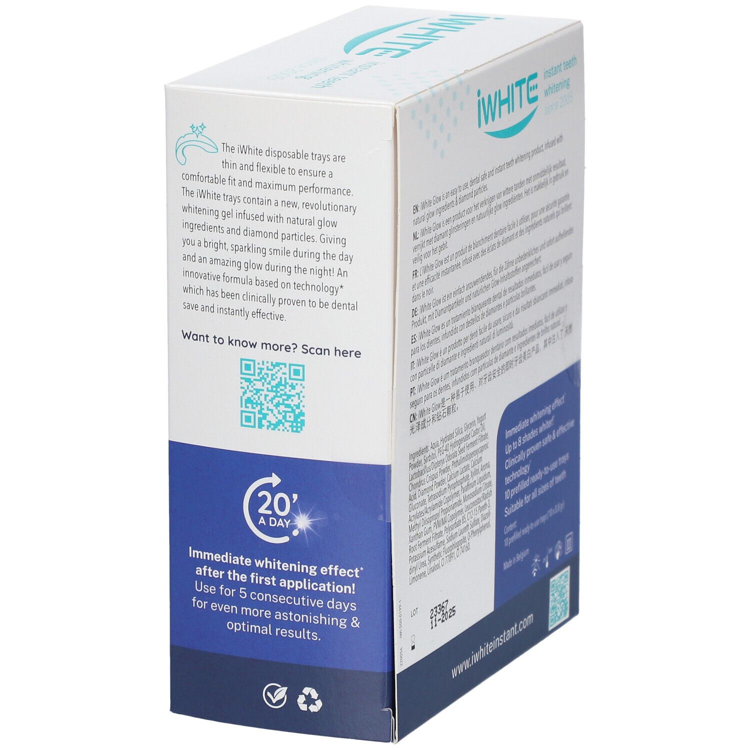 Kit de blanchiment iWhite Glow. Boîte avec informations. Contient 10 gouttières préremplies. Pour blanchiment immédiat.
