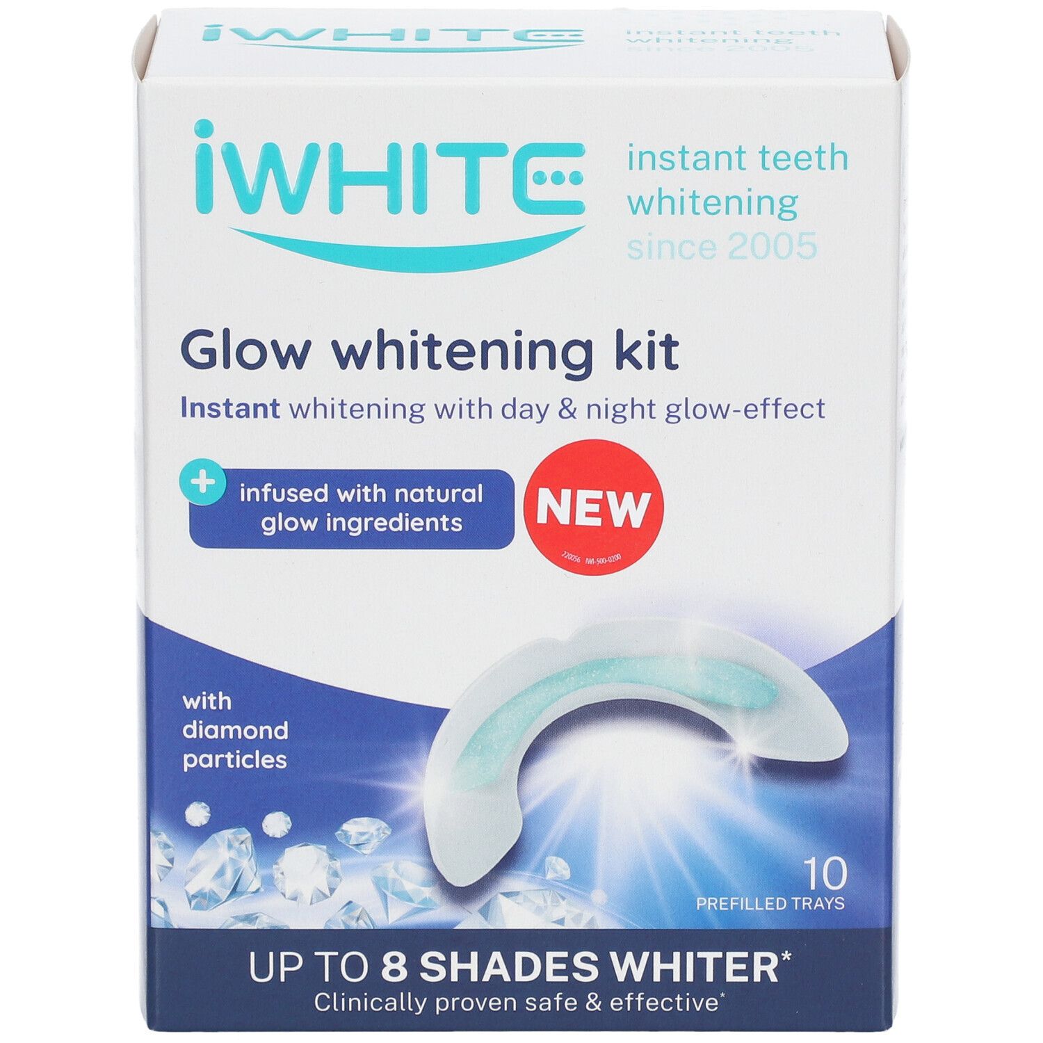 Kit de blanchiment iWhite Glow. Boîte avec gouttières. Contient 10 gouttières préremplies. Avec particules de diamant et ingrédients naturels.