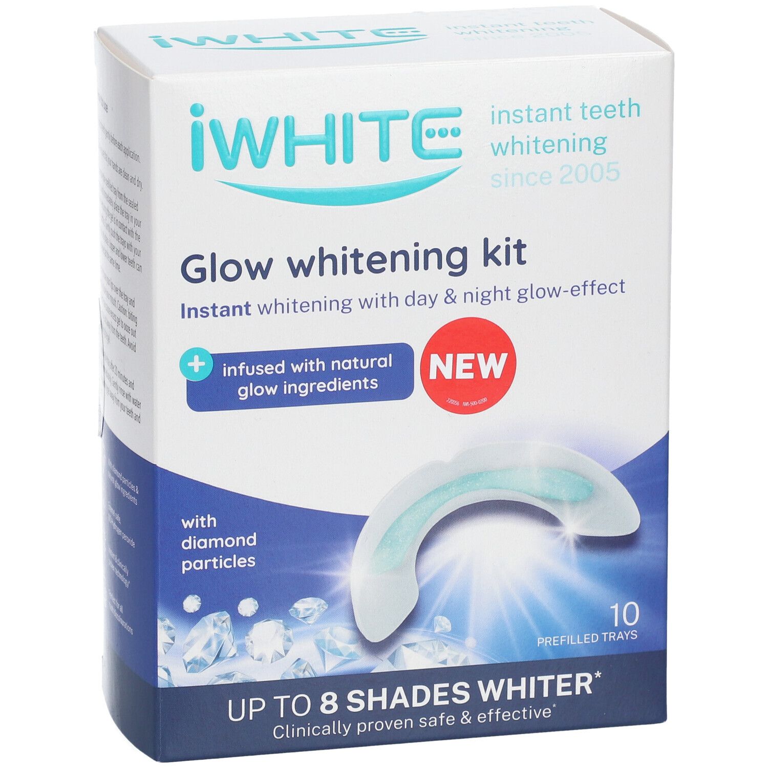 Kit de blanchiment iWhite Glow. Boîte avec gouttières. Contient 10 gouttières préremplies. Avec particules de diamant et ingrédients naturels.