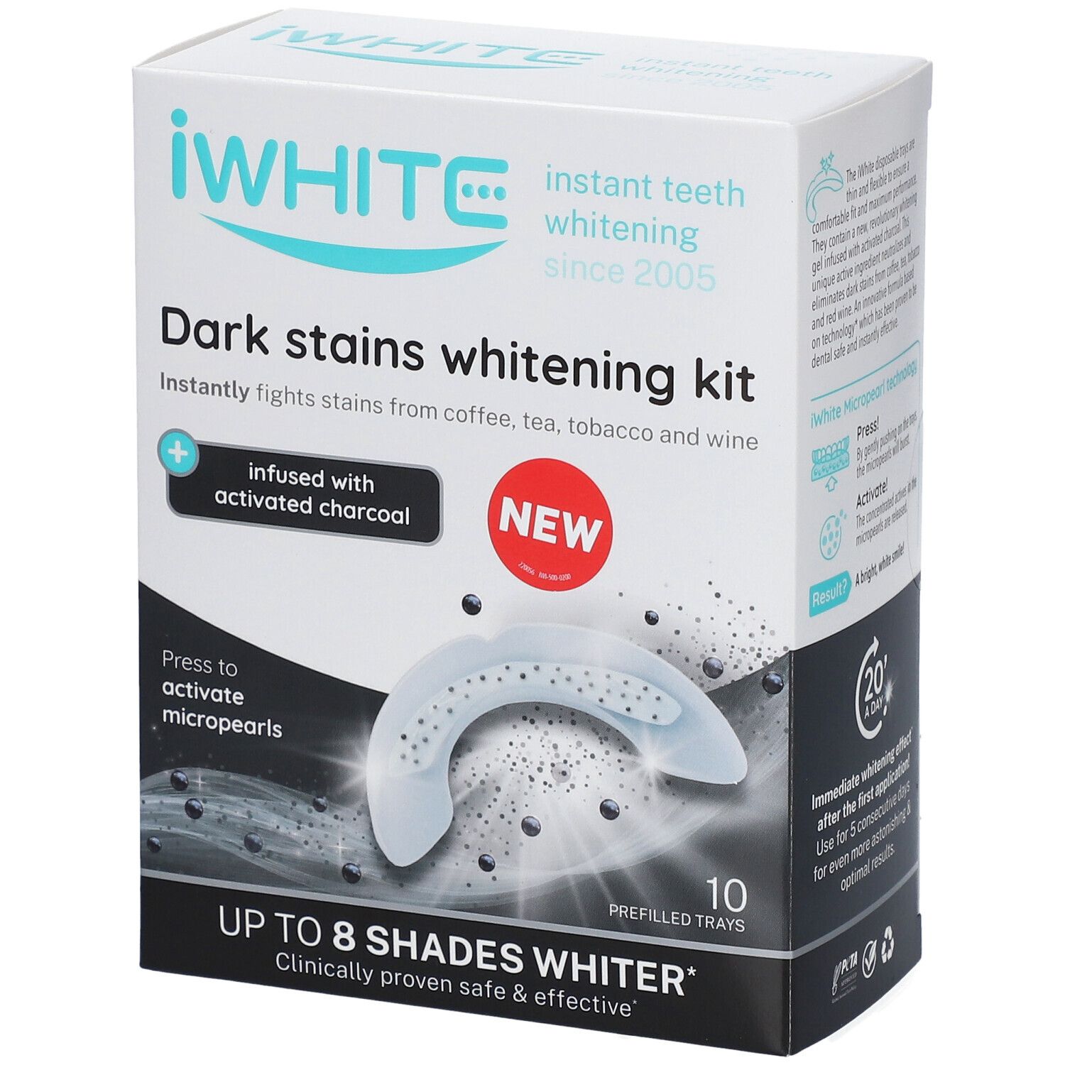 Kit de blanchiment iWhite Dark Stains. Boîte avec informations et gouttières.
