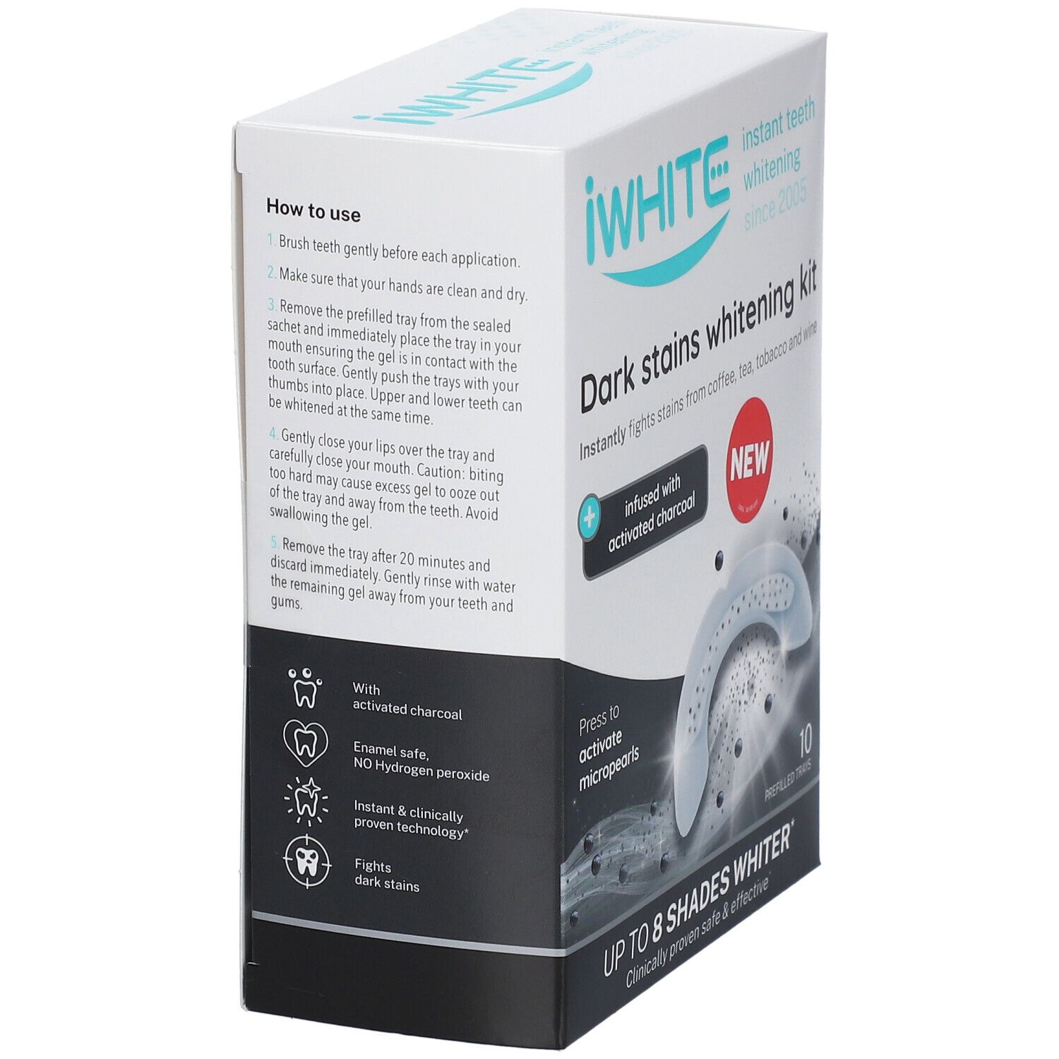 Kit de blanchiment iWhite Dark Stains. Boîte, vue latérale avec informations.