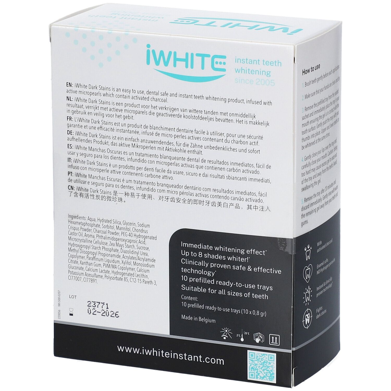 Kit de blanchiment iWhite Dark Stains. Boîte, vue arrière avec informations.