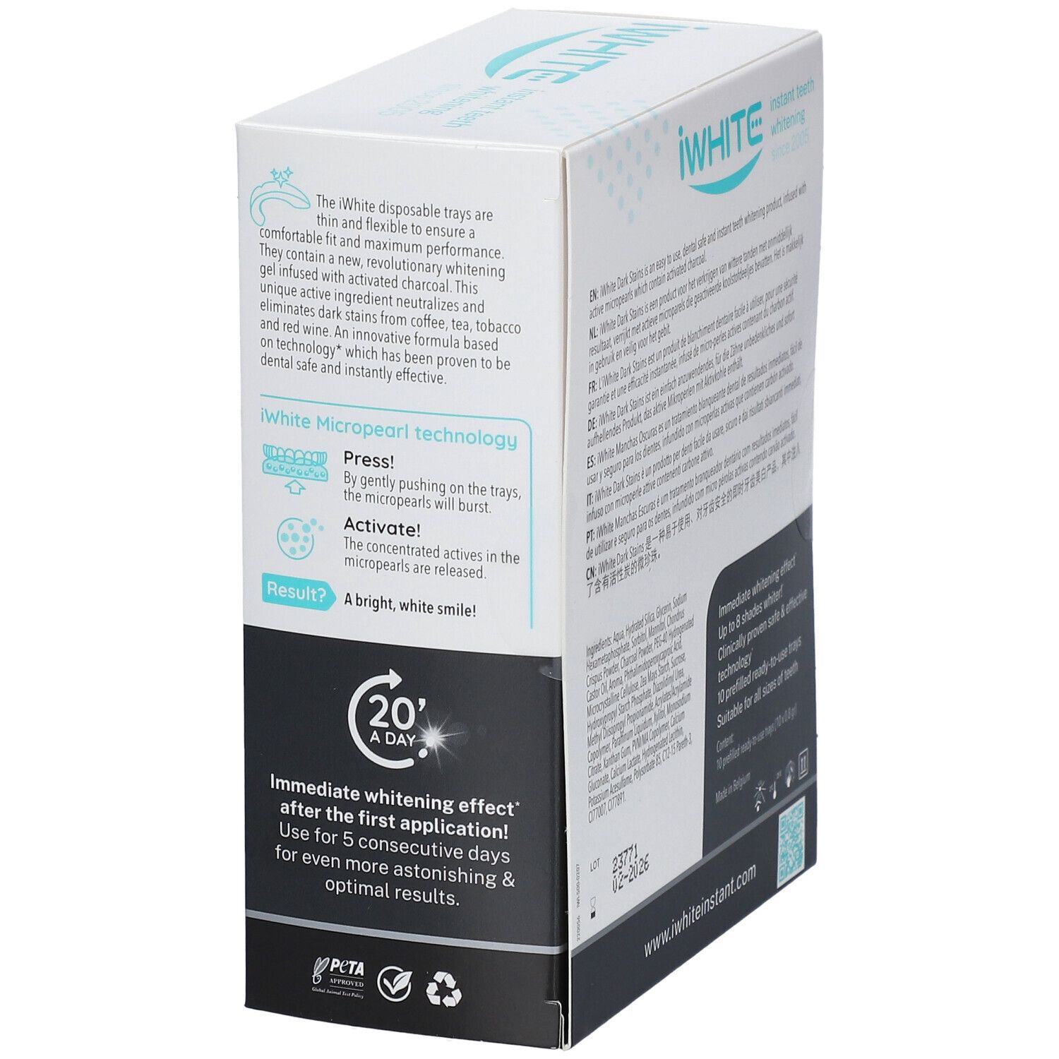 Kit de blanchiment iWhite Dark Stains. Boîte, vue latérale avec informations.