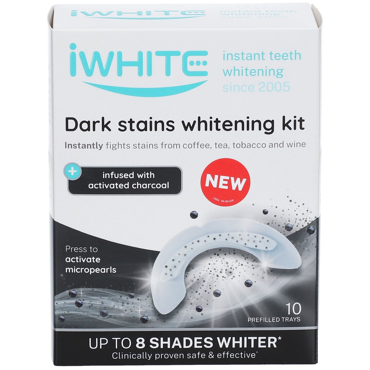 Kit de blanchiment iWhite Dark Stains. Boîte avec informations et gouttières.