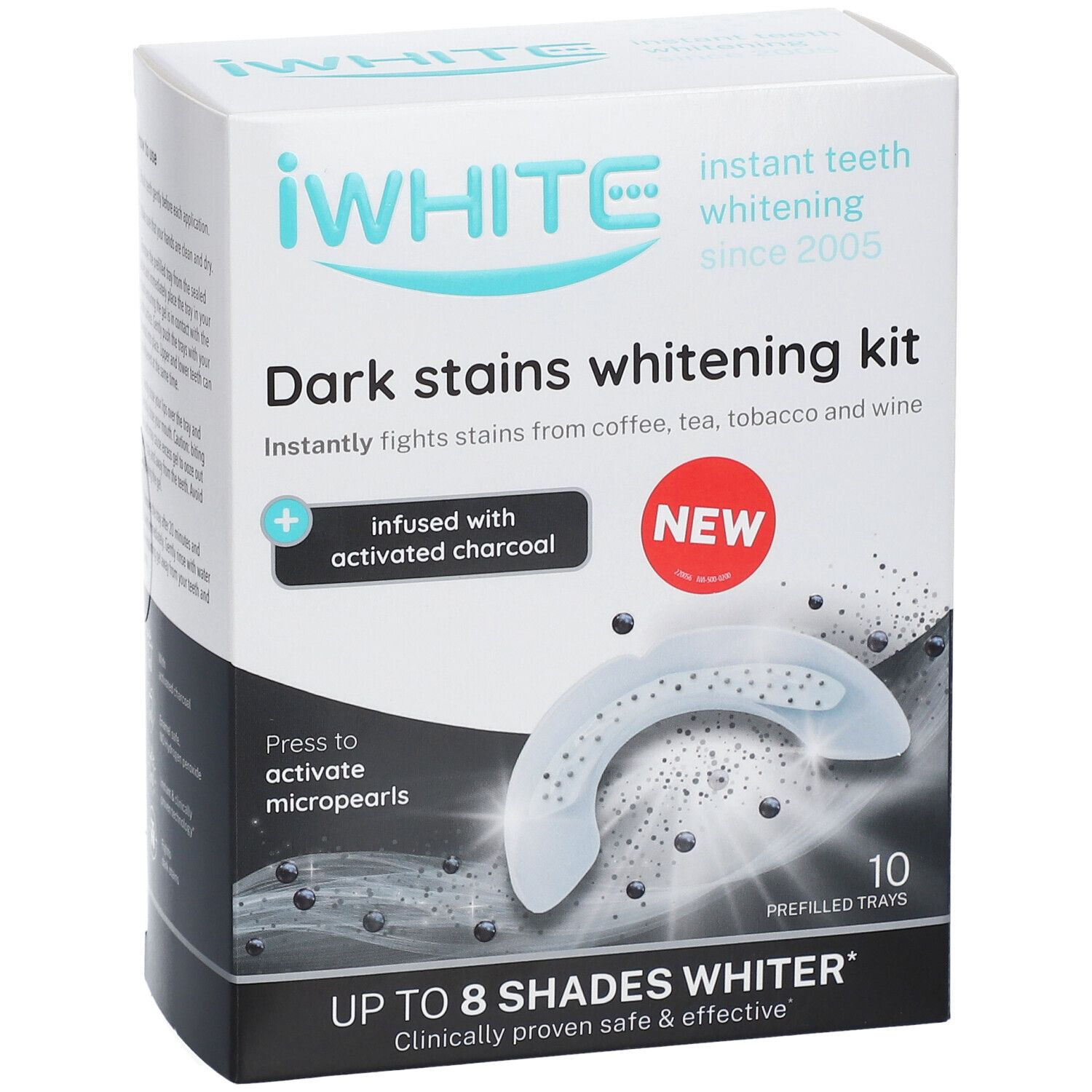 Kit de blanchiment iWhite Dark Stains. Boîte avec informations et gouttières.