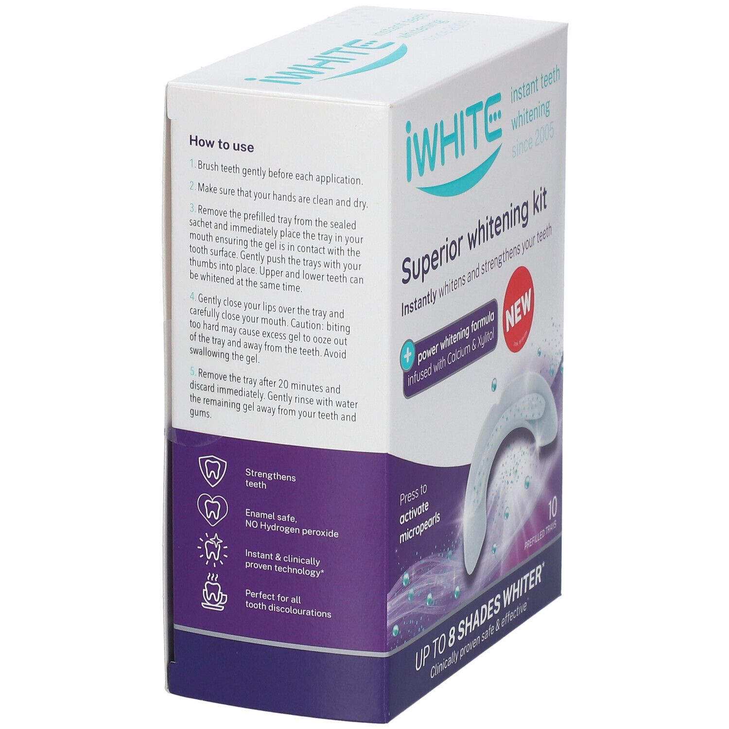 Emballage iWhite Superior Whitening Kit. Contient des instructions d'utilisation. Inscription : Blanchiment instantané des dents depuis 2005.