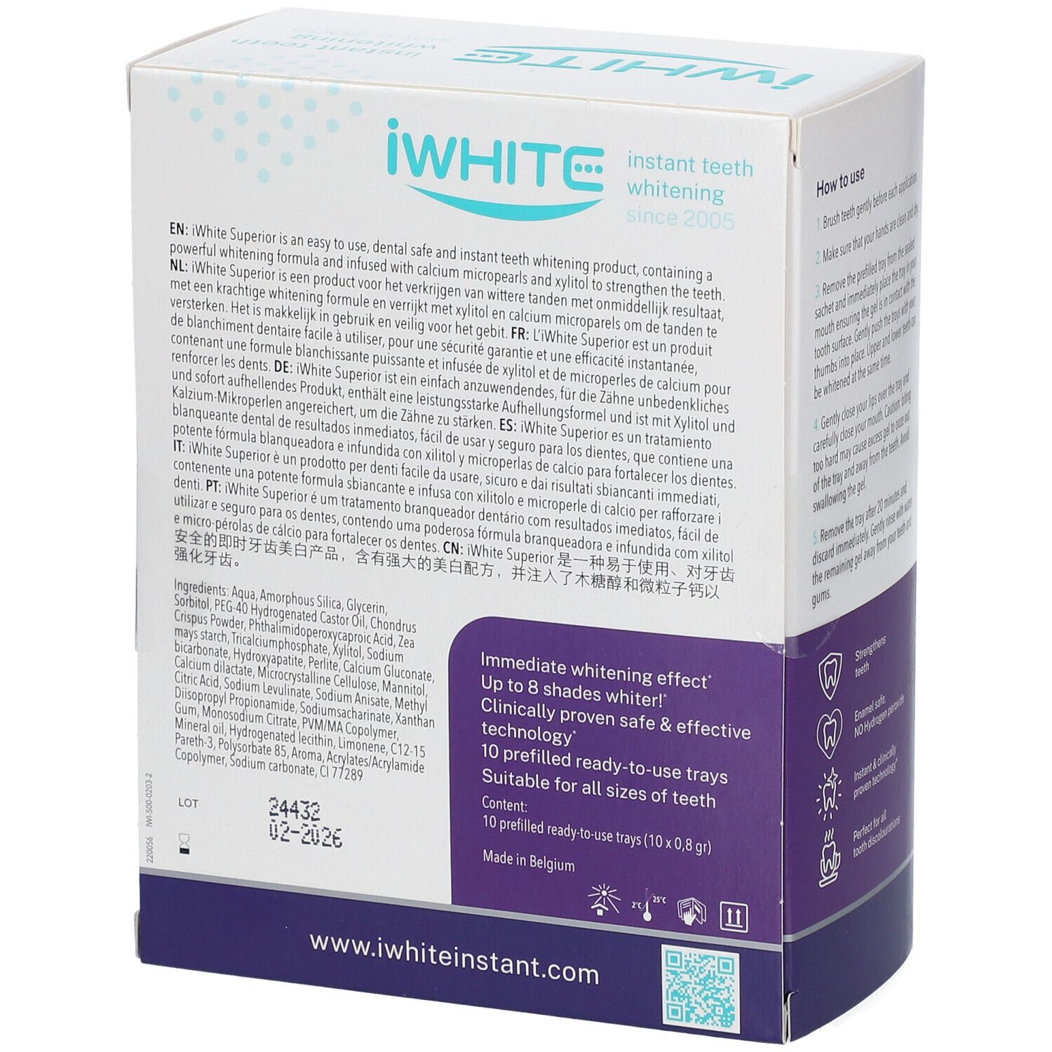 Dos de l'emballage iWhite Superior Whitening Kit. Contient des informations sur les ingrédients et le mode d'emploi.