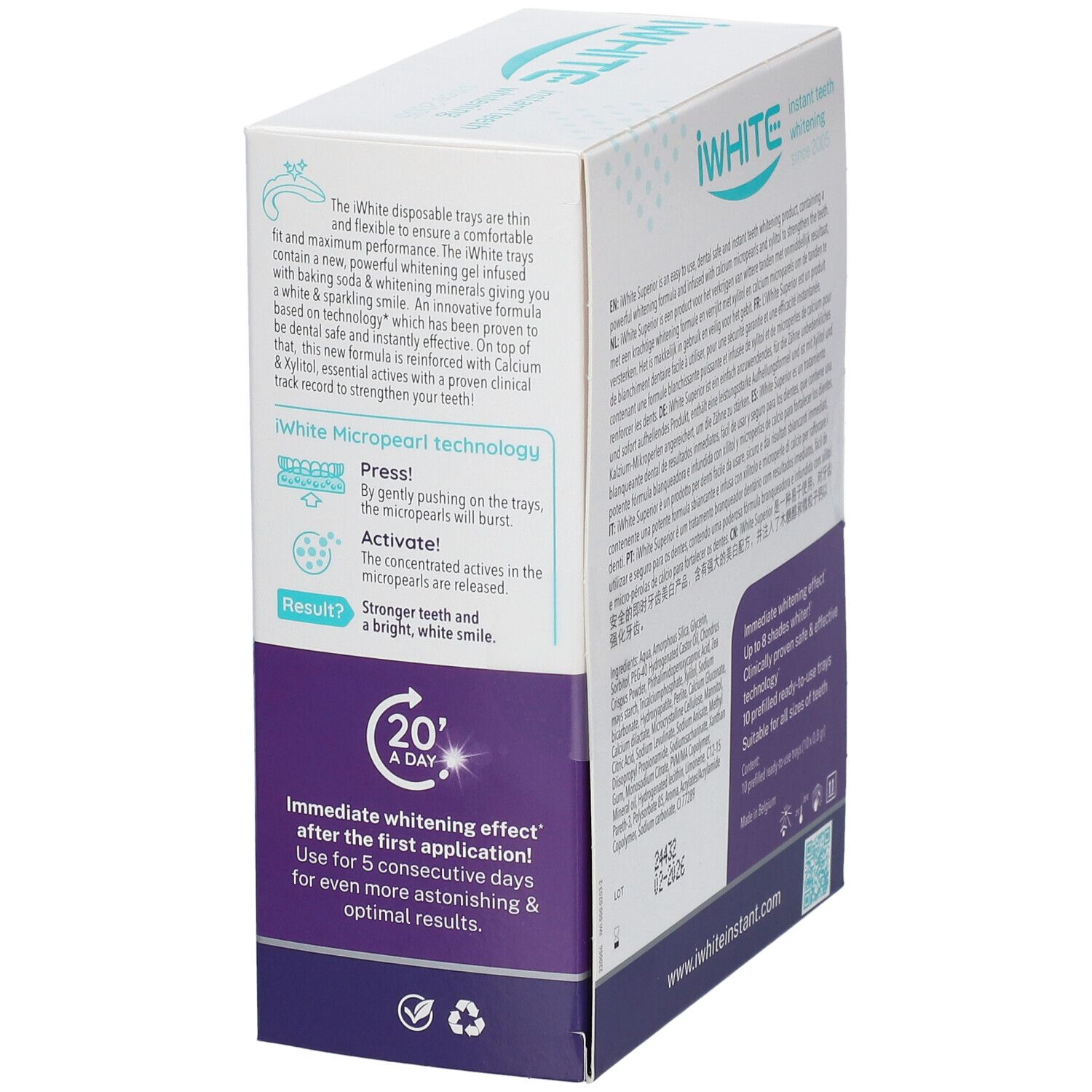 Emballage iWhite Superior Whitening Kit. Contient des informations sur l'utilisation et la technologie. Inscription : 20 minutes par jour.