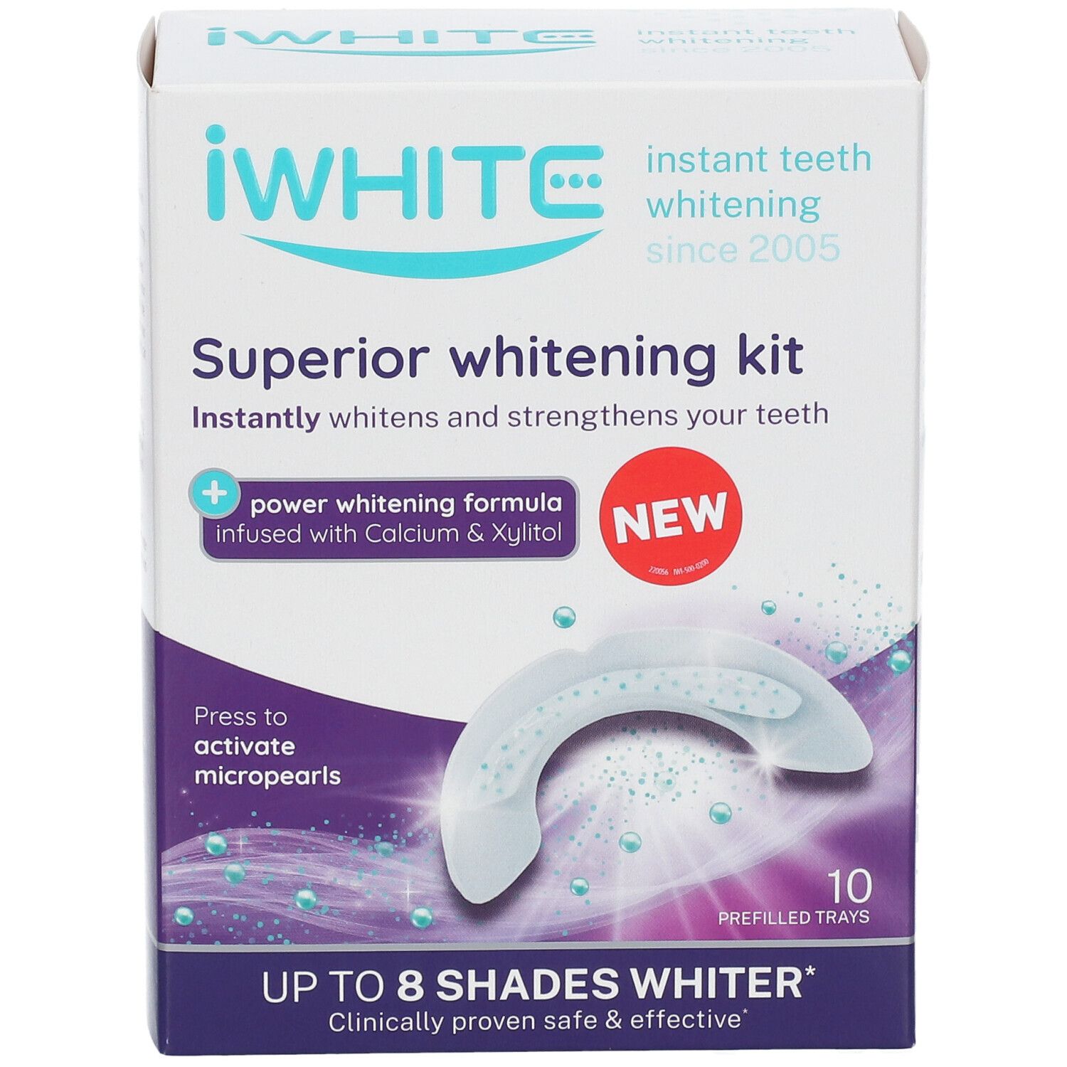 Emballage iWhite Superior Whitening Kit. Contient 10 gouttières préremplies. Inscription : Jusqu'à 8 teintes plus blanches.