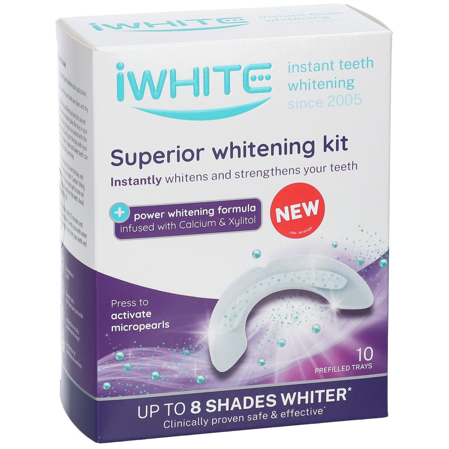 Emballage iWhite Superior Whitening Kit. Contient 10 gouttières préremplies. Inscription : Jusqu'à 8 teintes plus blanches. Nouveau produit.