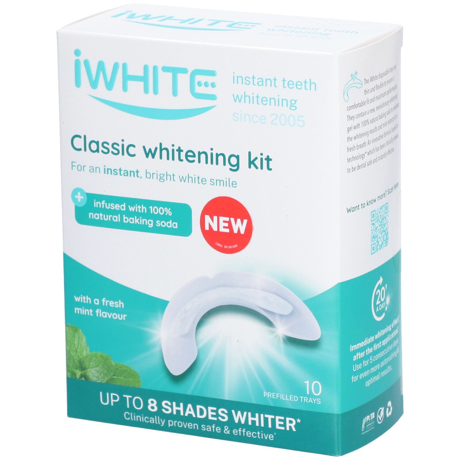 Kit de blanchiment dentaire iWHITE Classic. Boîte avec gouttières et texte. Contient 10 gouttières préremplies. Goût menthe et bicarbonate.