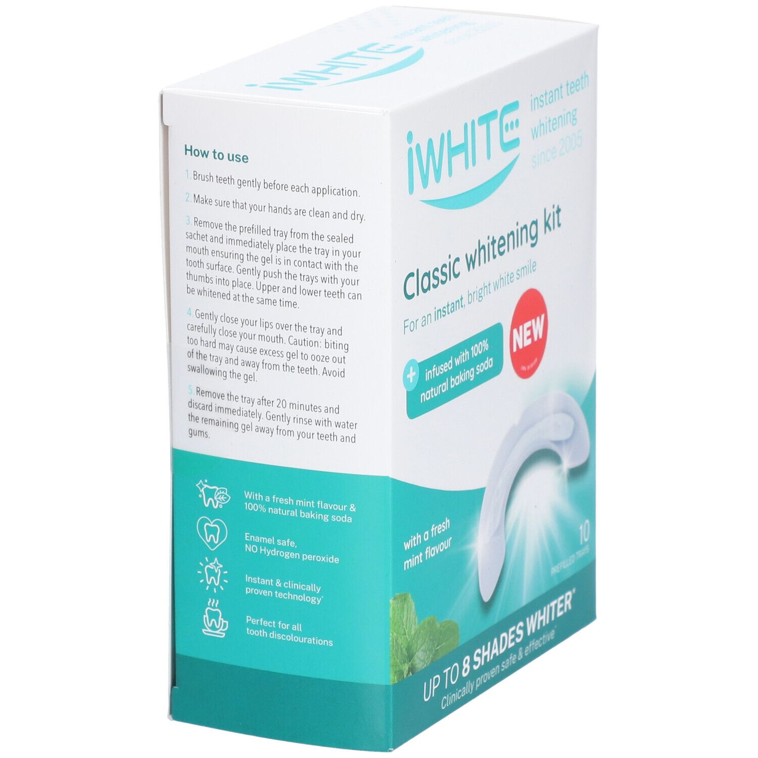 Kit de blanchiment dentaire iWHITE Classic. Boîte avec texte et image de gouttières. Contient 10 gouttières. Goût menthe.